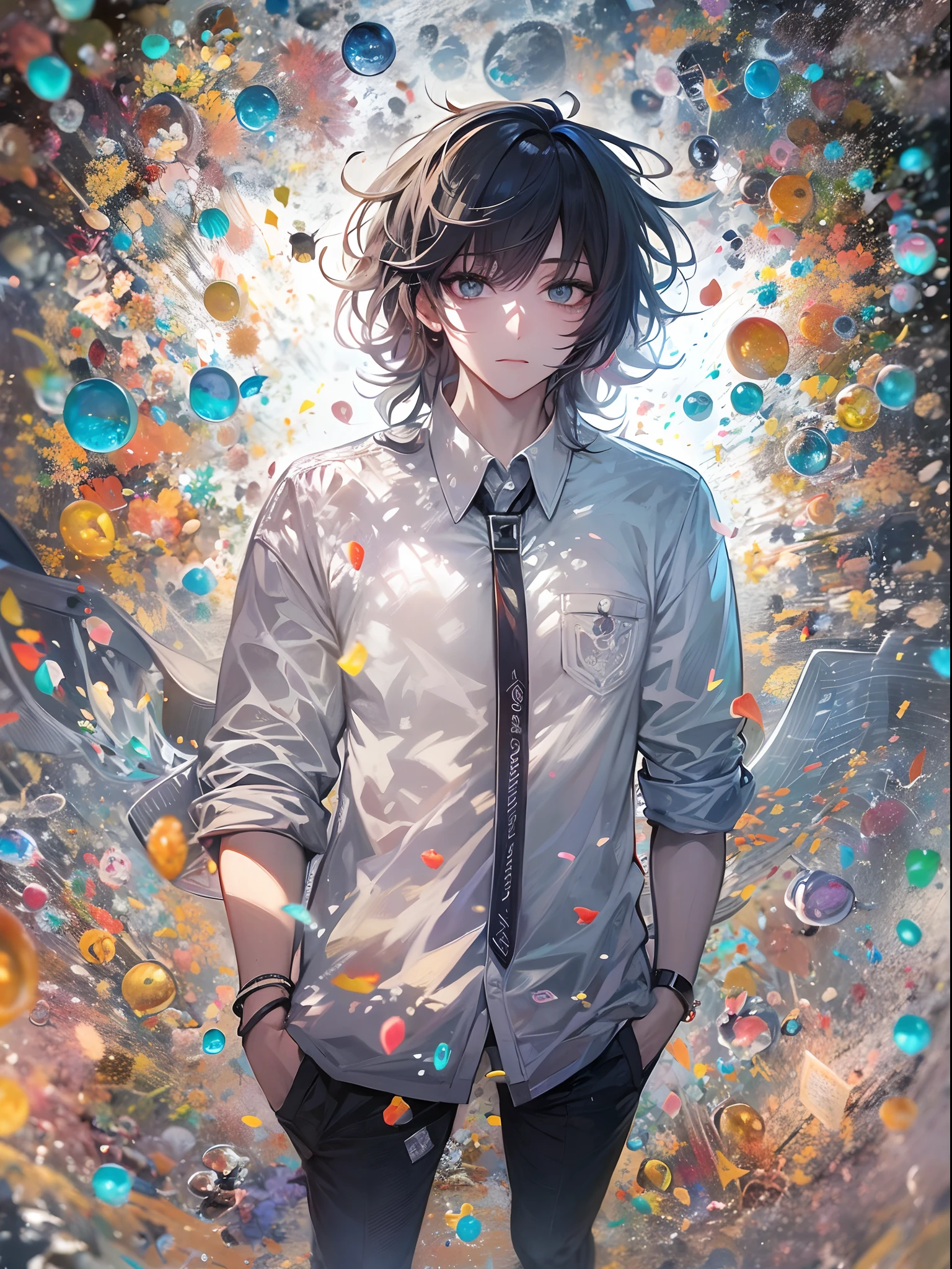 (masutepiece), (Best Quality), (ultra-detailliert),(disheveled hair),(Illustration), (1man), Standing, Fashion Model, Looking at Viewer, (interview), (Detailed background),Beautiful detailed eyes, Delicate beautiful face, floating,(High color saturation),(Colorful splashes),colorful bubble,(Shining), Focus on Face, Floating flowers, Floating hairs, (Shining), The best lighting, Best Shadow, 1 Evil Only