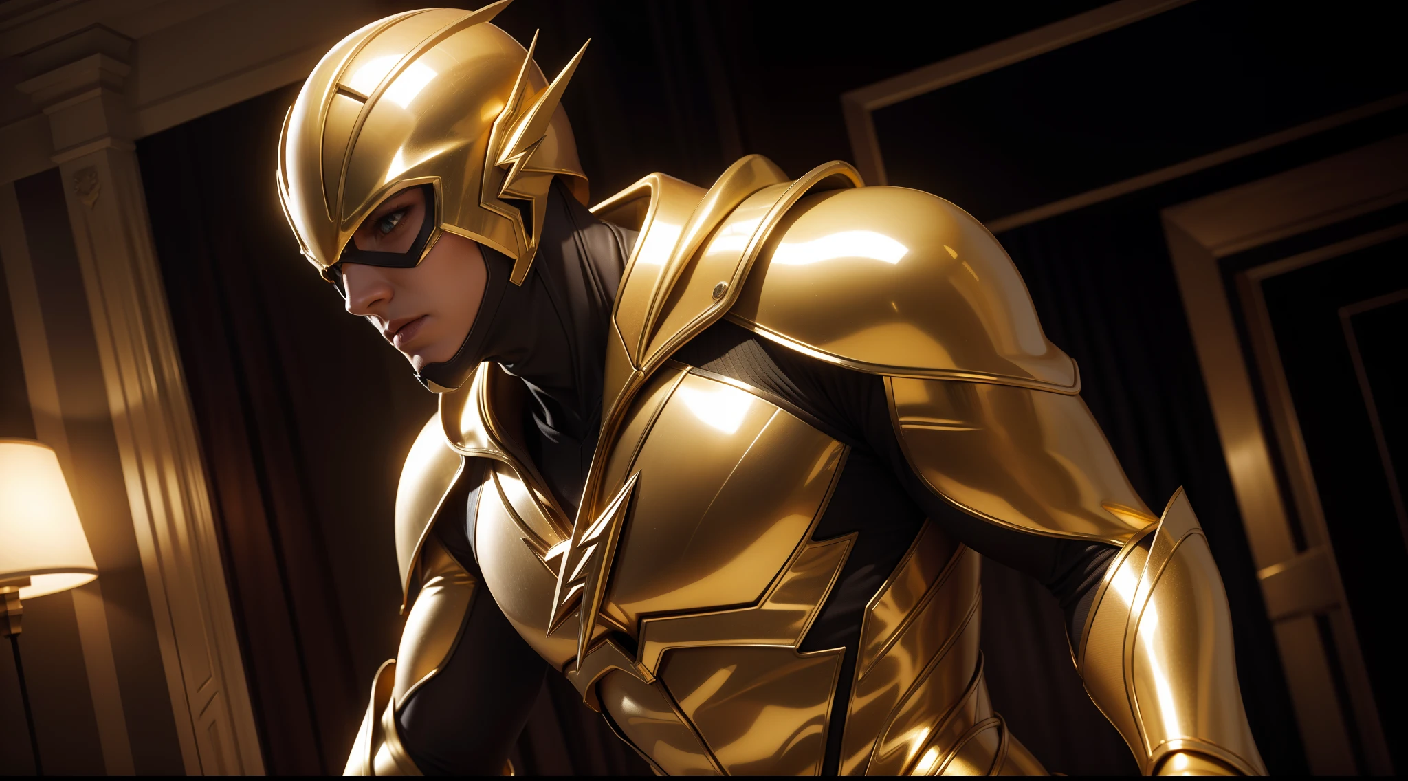 Flash (gold suit) от DC Comics, CGI with clear focus, Photorealistic, high detail, Realistic, Masterpiece, absurdress, Best Quality, HDR, hiquality, hight resolution, Extremely detailed, 8k wallpaper, intricate details, 8K UHD, Full-HD, (foto realista:1.2), Contrast, sharp lighting, Cinematic lighting, natural lighting, hard light, Backlighting, Global Illumination, Environment Occlusion