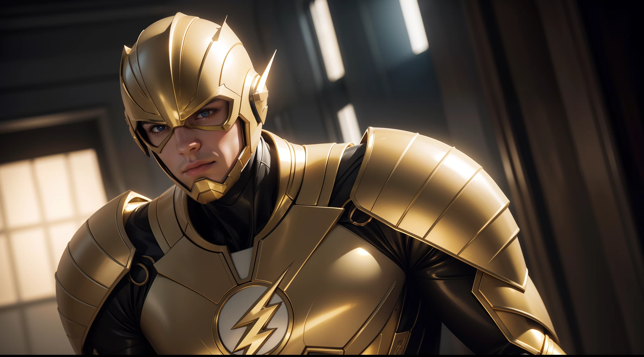 Flash (gold suit) от DC Comics, CGI with clear focus, Photorealistic, high detail, Realistic, Masterpiece, absurdress, Best Quality, HDR, hiquality, hight resolution, Extremely detailed, 8k wallpaper, intricate details, 8K UHD, Full-HD, (foto realista:1.2), Contrast, sharp lighting, Cinematic lighting, natural lighting, hard light, Backlighting, Global Illumination, Environment Occlusion