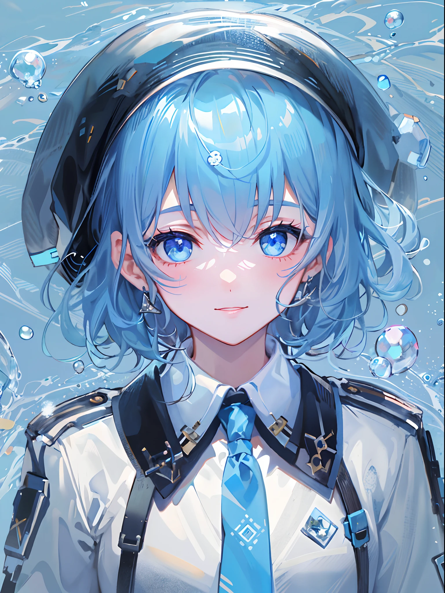 ((top-quality)), ((​masterpiece)), ((ultra-detailliert)), (extremely delicate and beautiful), girl with, 独奏, cold attitude,((Black jacket)),She is very(relax)with  the(Settled down)Looks,A dark-haired, depth of fields,evil smile,Bubble, under the water, Air bubble,bright light blue eyes,Inner color with light blue hair and light blue tips,Cold background,Bob Hair - Linear Art, shortpants、knee high socks、White uniform like school uniform、Light blue ribbon ties、Clothes are sheer、Hands in pockets、Bright eyes like sapphires,flourescent blue, There was a little blue light floating around、Upper eyes、