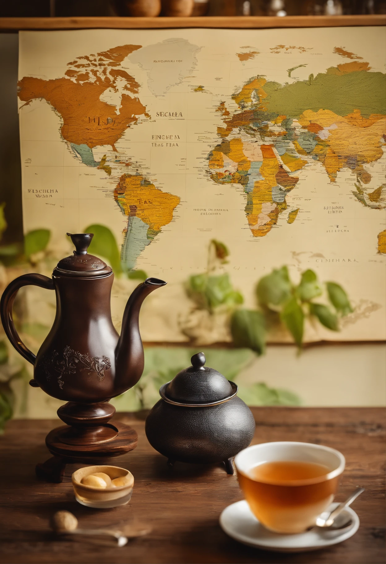 A set for brewing tea sencha, consisting of a teapot, a strainer, a cup and a spoon. On the background there is a map of the world with marked countries from which teas and coffees of the world come from.