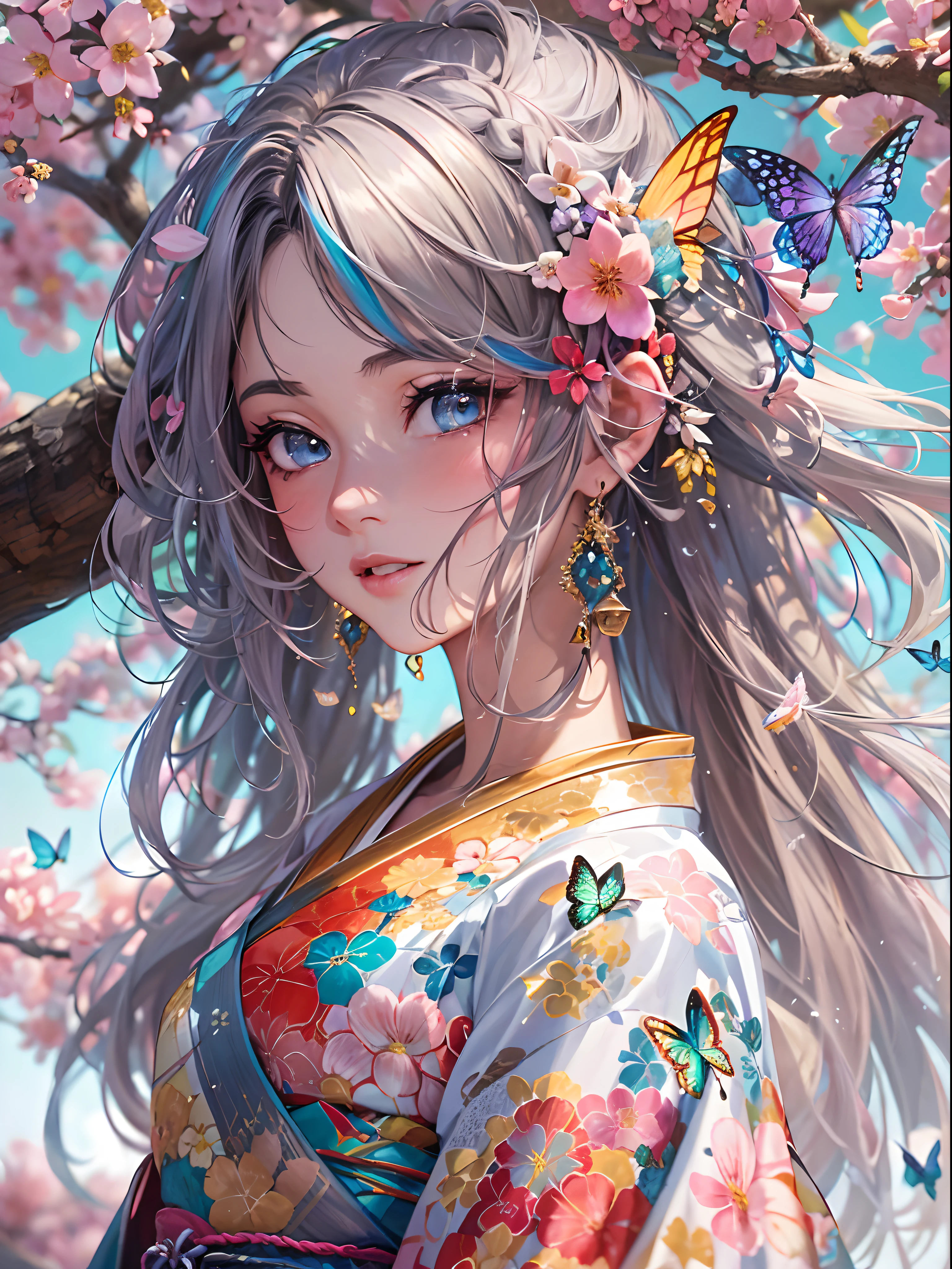 shukezouma, octane render, hdr, (hyperdetailed:1.15), (soft light, sharp:1.2), 1girl, beautiful girl, ultra detailed eyes, mature, plump, thick, rainbow painting drops,splat, splash, long colored hair, ultra detailed texture kimono, (hair ornaments, earrings, flowers hair ornaments, butterflies hair ornaments), outdoors, sakura trees