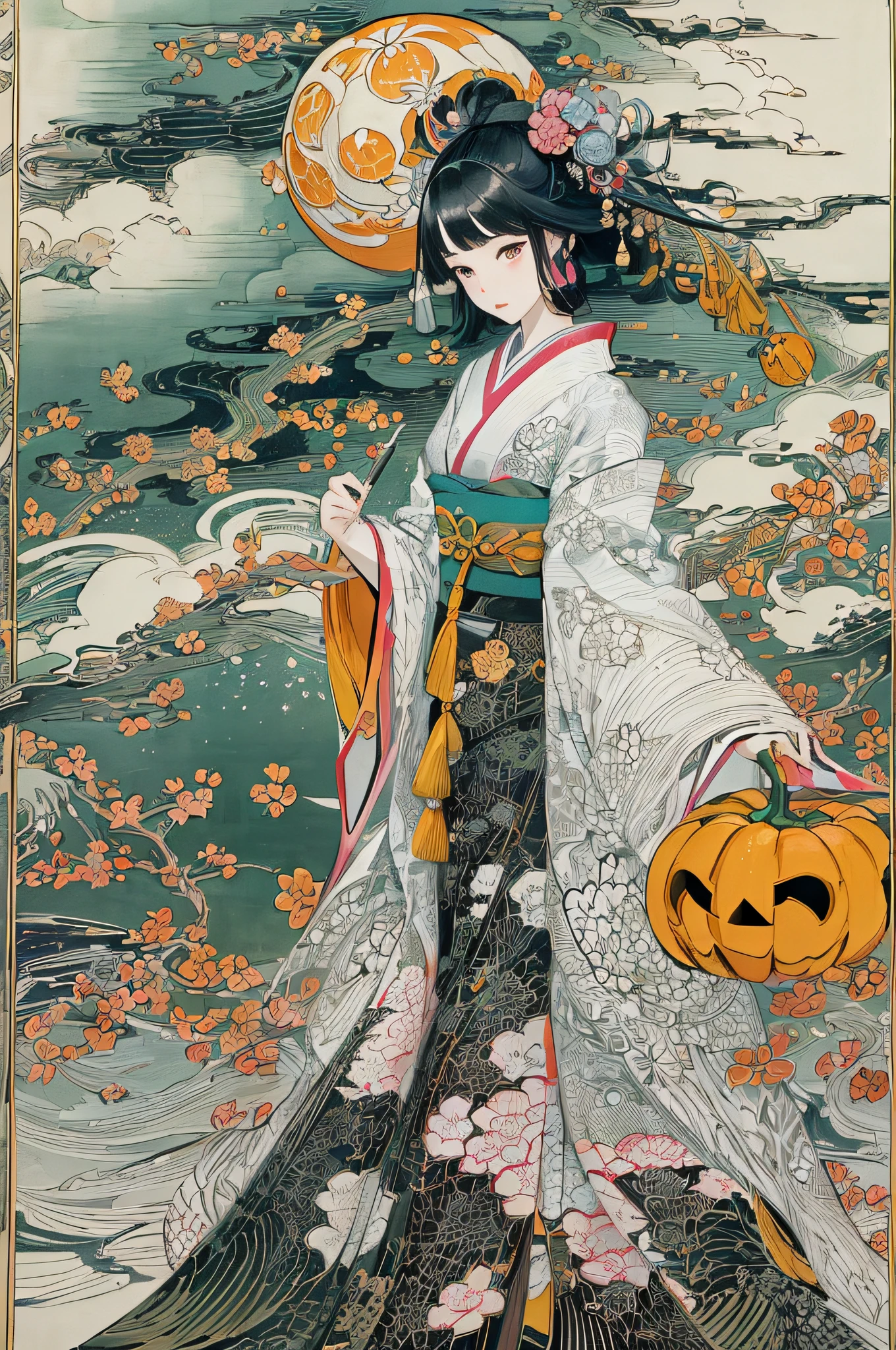 (masuter piece、top-quality、ukiyoe style、Mystical、Beautifully Aesthetic、offcial art、Sharaku:1.2)、(1 girl in:1.3)、(Fractal Art:1.3)、cowboy  shot、white and clean skin、(Beautiful black hair、Kimono:1.2)、Traditional performing arts of Japan in the background、highly colorful、(scrollwork、A Japanese style:1.2)、Ghost pumpkin、Halloween