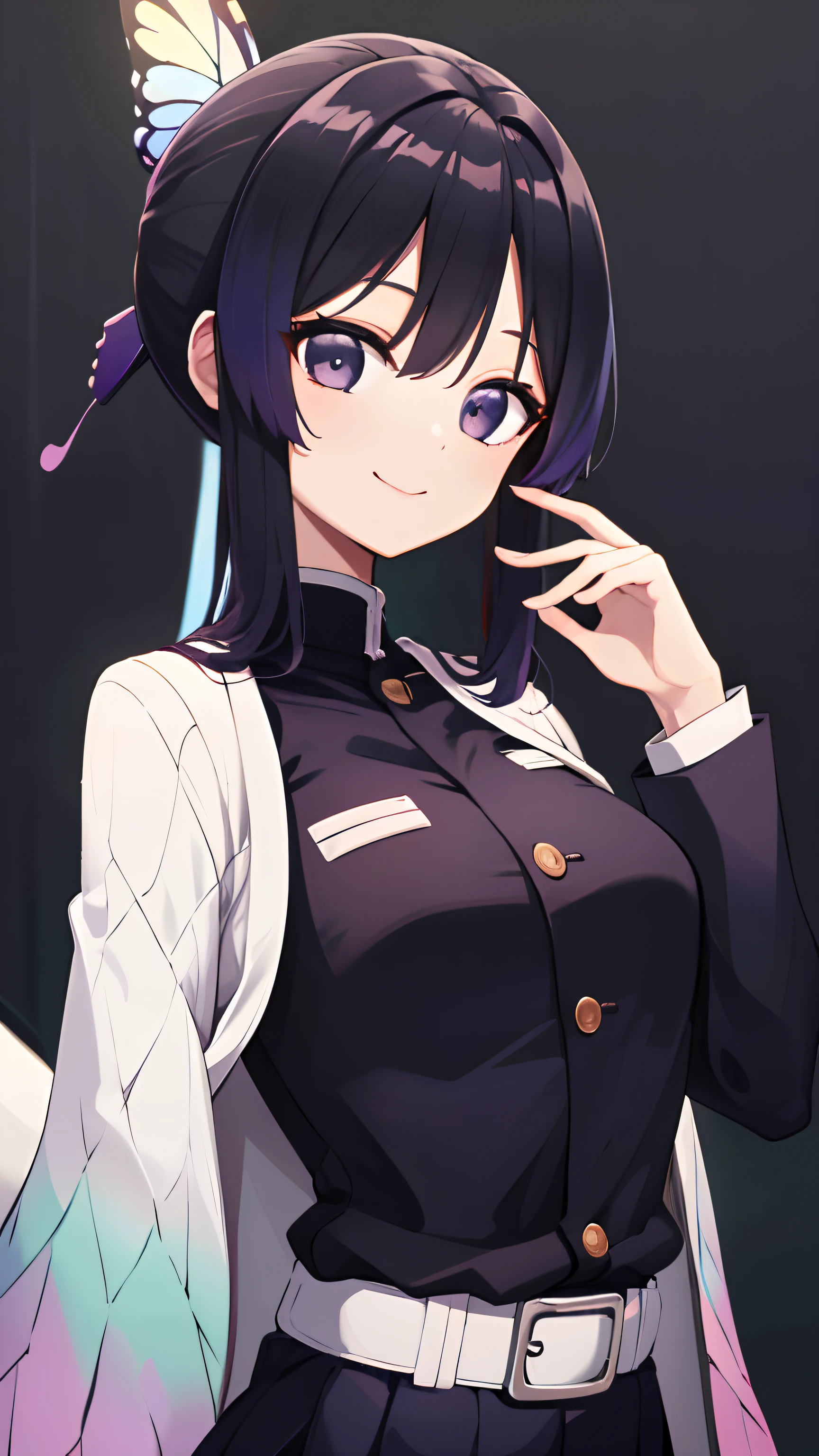 masterpiece, top-quality, Hi-Res, 1girl in, 独奏, kochou shinobu, butterfly hair ornament, a purple eye, O cabelo multicolorido, shorth hair, partedbangs, Black jacket, long-sleeve, a belt, The upper part of the body、 Smile,、A desert