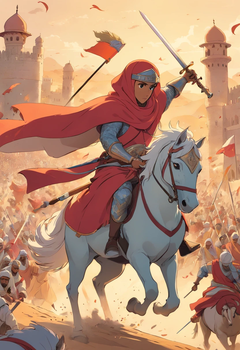 Pictures of Muslim knights on horseback in the middle of a fierce battle and an old Islamic costume 1000 years ago