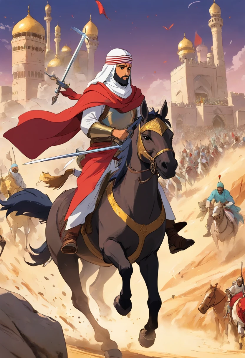 Pictures of Muslim knights on horseback amid a fierce battle and an ancient Islamic costume 1000 years ago in the Arabian Peninsula