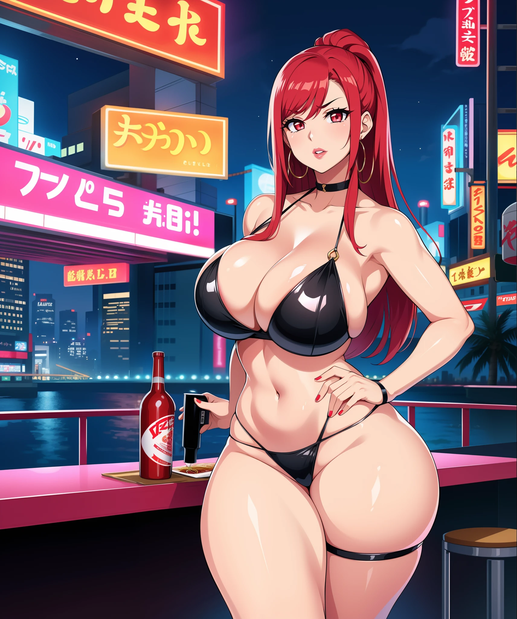 1girl, Erza scarlet (((bimbo))),hoop earrings, puffy lips, painted lips, thick lips.
, wide hips, thick thighs, bursting breasts Nightlife, Night city, Cyberpunk city, futuristic cityscape. Neon lights, (skyscraper:1.1), Tokyo tower, palm tree, cloth sign, ramen stall, night club. bright city lights, exotic car. alcohol, bar, ramen, soup stall ,alcohol bottles,