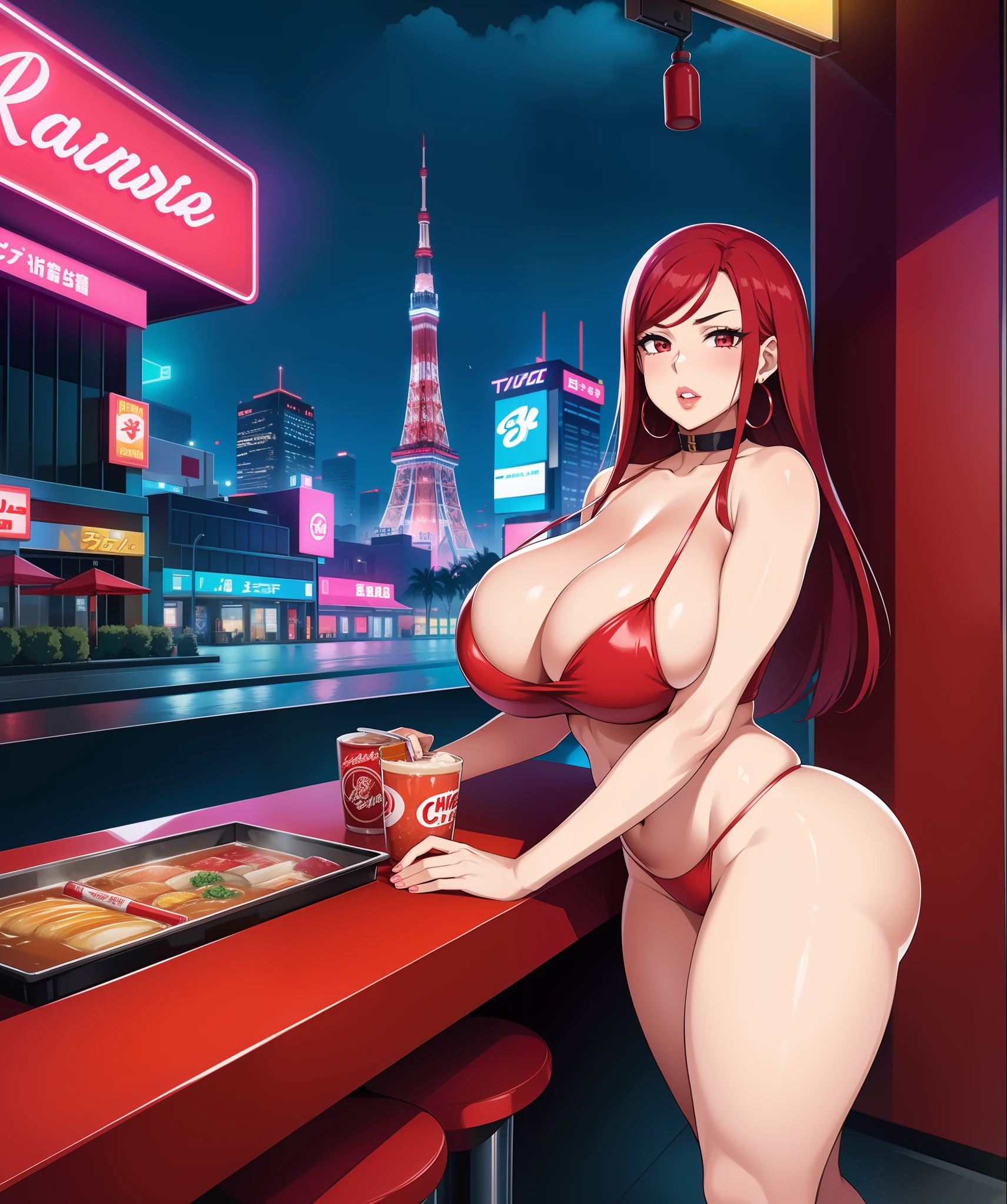 1girl, Erza scarlet (((bimbo))),hoop earrings, puffy lips, painted lips, thick lips.
, wide hips, thick thighs, bursting breasts Nightlife, Night city, Cyberpunk city, futuristic cityscape. Neon lights, (skyscraper:1.1), Tokyo tower, palm tree, cloth sign, ramen stall, night club. bright city lights, exotic car. alcohol, bar, ramen, soup stall ,alcohol bottles,