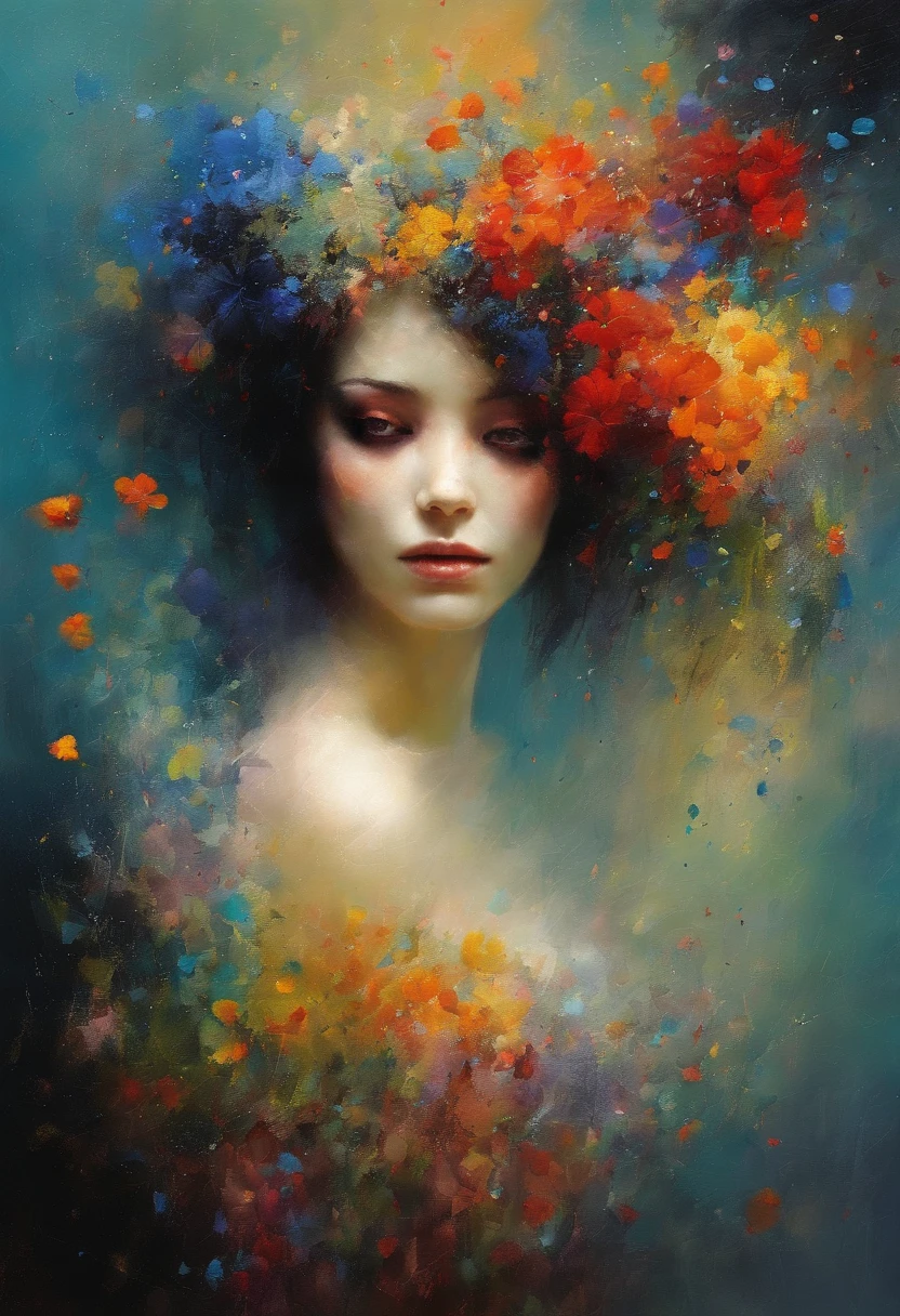 caos, elegante, vivid colors, arte por Anne Bachelier, Atmospheric, a girl, elegante, Borboletas, flores florescendo, em movimento, Dramatic, corpo inteiro, organic composition