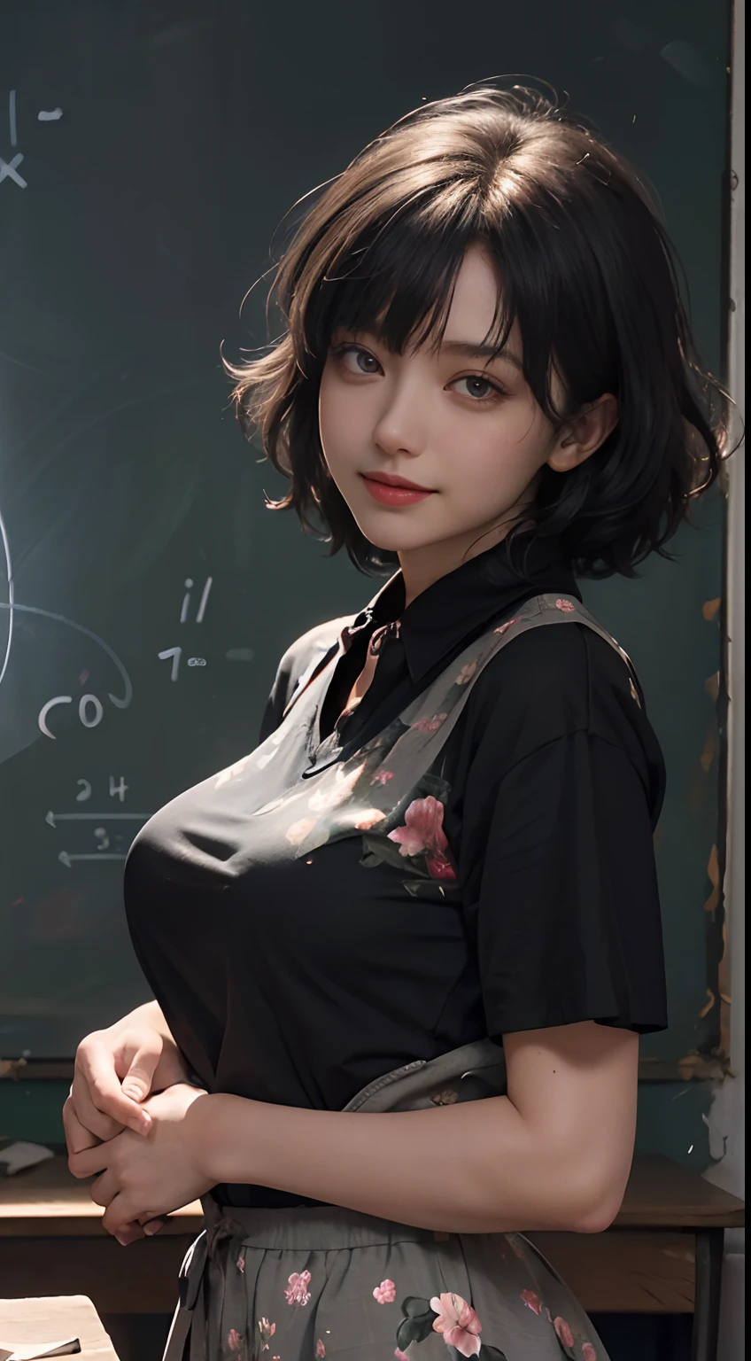 (Black Shorthair:1.5),  (a 20 yo woman), (T-shirt design), (Floral clothing), (Breast bulge),((Being in a physics classroom)),  (A hyper-realistic), (Relaxed), (Increased resolution), (8KUHD), (Extremely detailed), (Best Illustration), (Beautiful and detailed eyes), (Best Quality), (ultra-detailliert), (masutepiece ), ( Wallpaper), (Detailed face), Fine details,  Deep Shadows, lowkey,  Smiling,  (There is a photo of Einstein), (There are many photos of physicists), (Solving the chalkboard formula), Standing in front of the blackboard