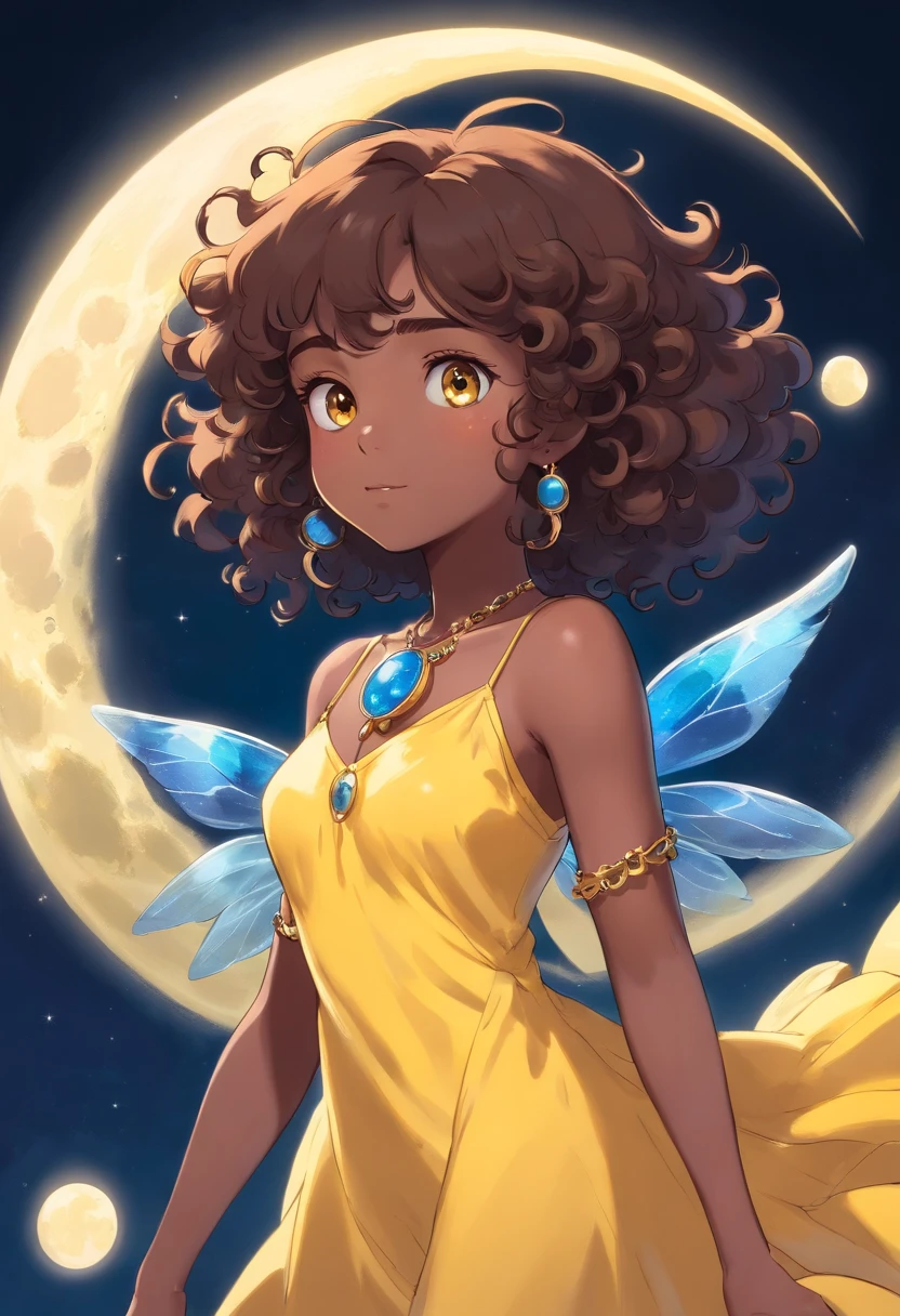 dark-skinned, curly-haired fairy in a yellow dress and a moon necklace with a blue stone