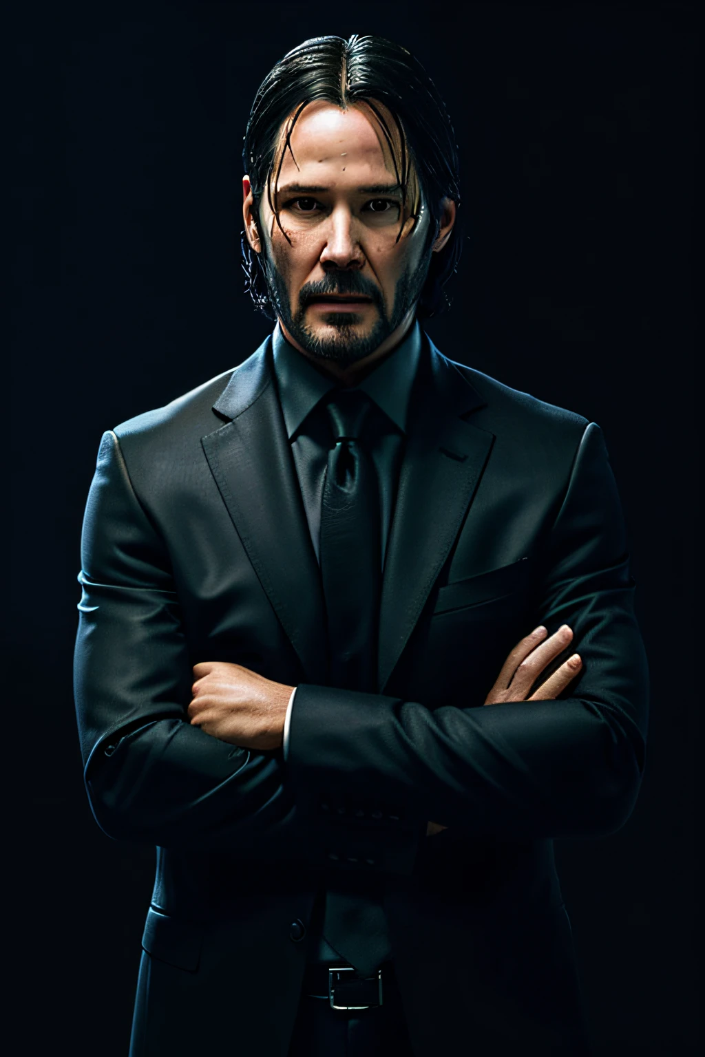 John Wick, folded arms, dark backdrop