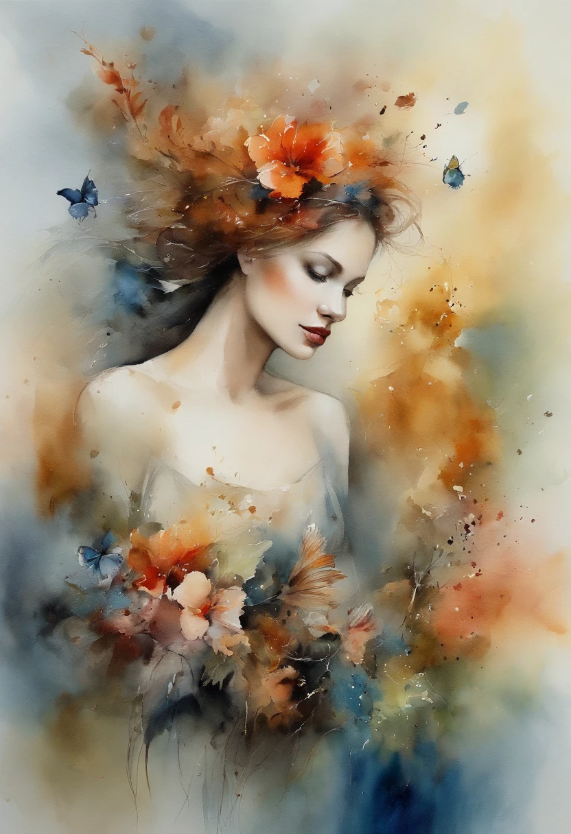 caos, elegante, vivid colors, arte por Anne Bachelier, Atmospheric, a girl, elegante, Borboletas, flores florescendo, em movimento, Dramatic, corpo inteiro, organic composition