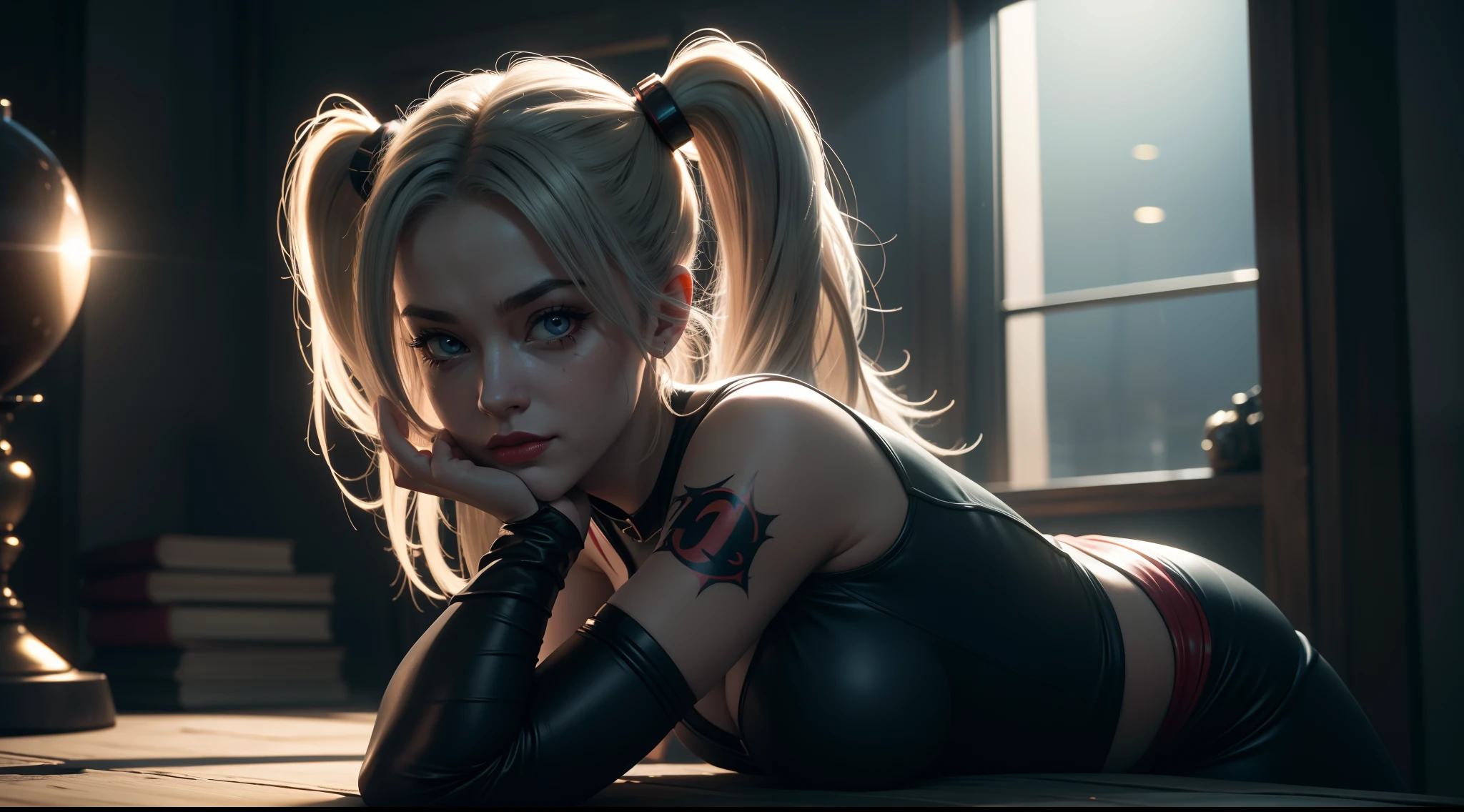 Harley Quinn из DC Comics, CGI with clear focus, Photorealistic, high detail, Realistic, Masterpiece, absurdress, Best Quality, HDR, hiquality, hight resolution, Extremely detailed, 8k wallpaper, intricate details, 8K UHD, Full-HD, (foto realista:1.2), Contrast, sharp lighting, Cinematic lighting, natural lighting, hard light, Backlighting, Global Illumination, Environment Occlusion