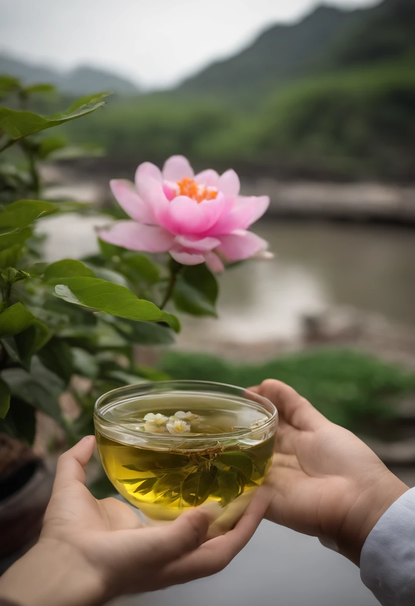 there is a bowl of green tea with a flower in it, shan shui, shui mo hua, green tea, full view, full subject shown in photo, zun, yuan - ti, yin zhen chu, beijing, hua cheng, miko, rose of jericho, jasmine, jaya su berg, eye - level view, 3 6 0 p, gujian