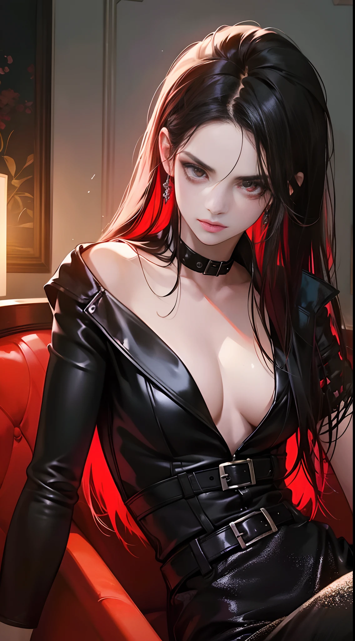 (Best Quality,4K,High resolution), 18yo woman, Red mesh hair on black hair, Long hair, Straight hair, , Comical appearance,(Best Quality,4K,High resolution), 18yo woman, Red highlights on black hair, Long hair, Straight hair,,Cold eyes ,sharp eye,Glaring at the viewer,facing the front there,Sitting wildly on the couch,Landing on the cheek cane with the right hand,Leaning on the sofa,Red glowing eyes,Facial expression enhancement,Delicate illustrations expressed in detail,tight leather clothes,cross belt,Gothic fashion,Realistic portrayal,Vibrant colors,Ruins,Classic dark background