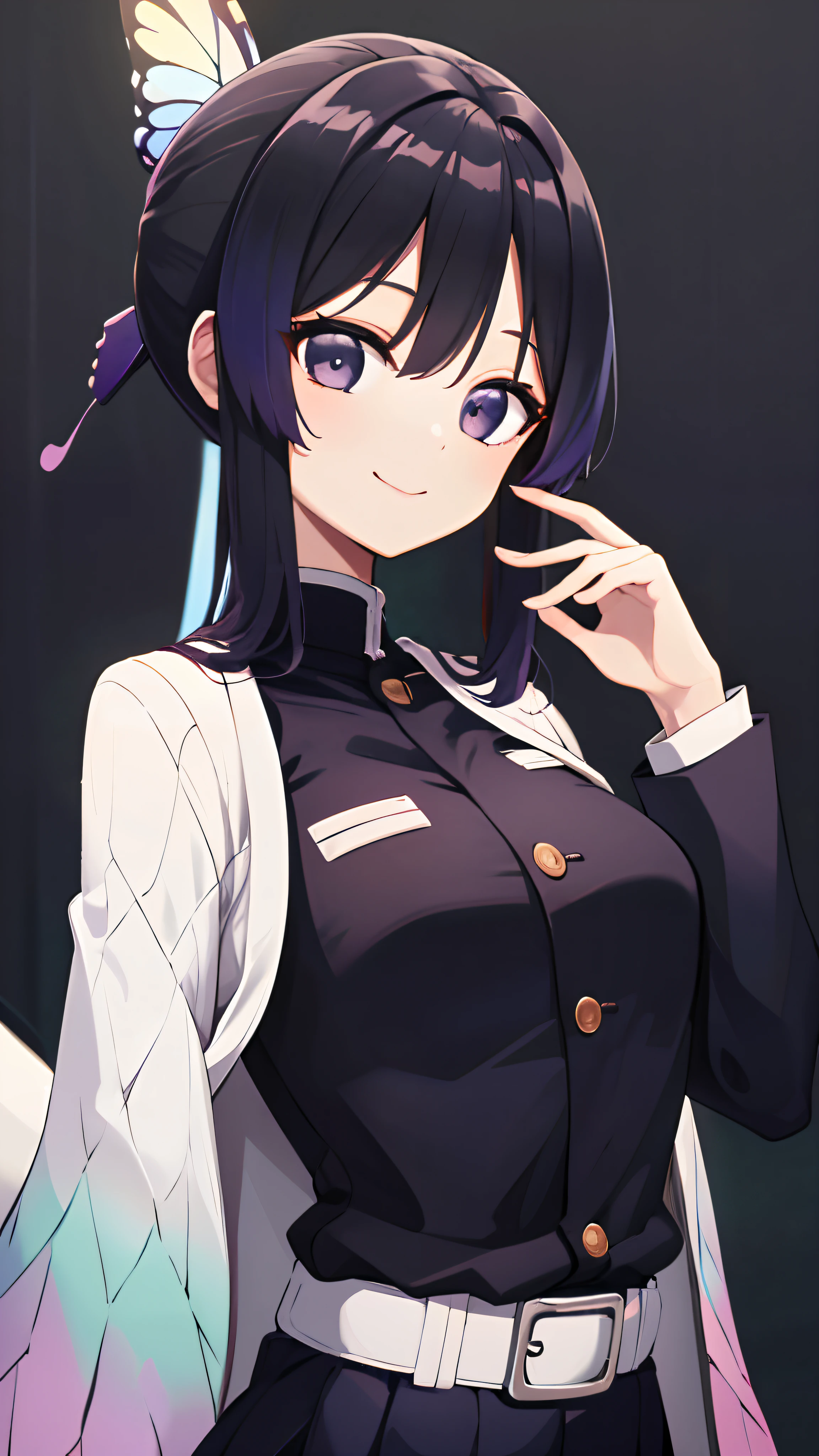 masterpiece, top-quality, Hi-Res, 1girl in, 独奏, kochou shinobu, butterfly hair ornament, a purple eye, O cabelo multicolorido, shorth hair, partedbangs, Black jacket, long-sleeve, a belt, The upper part of the body、 Smile,、A desert