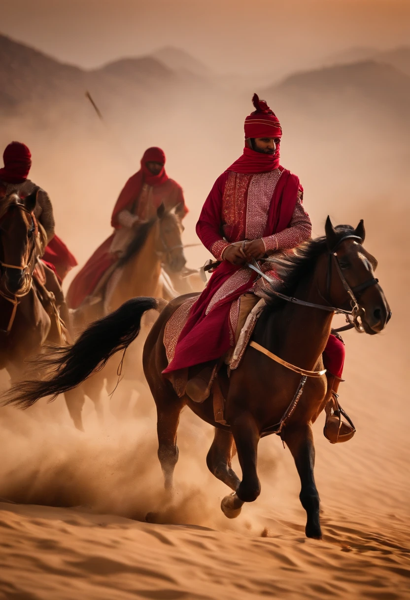 Pictures of Muslim knights on horseback amid a fierce battle and an ancient Islamic costume 1000 years ago in the Arabian Peninsula