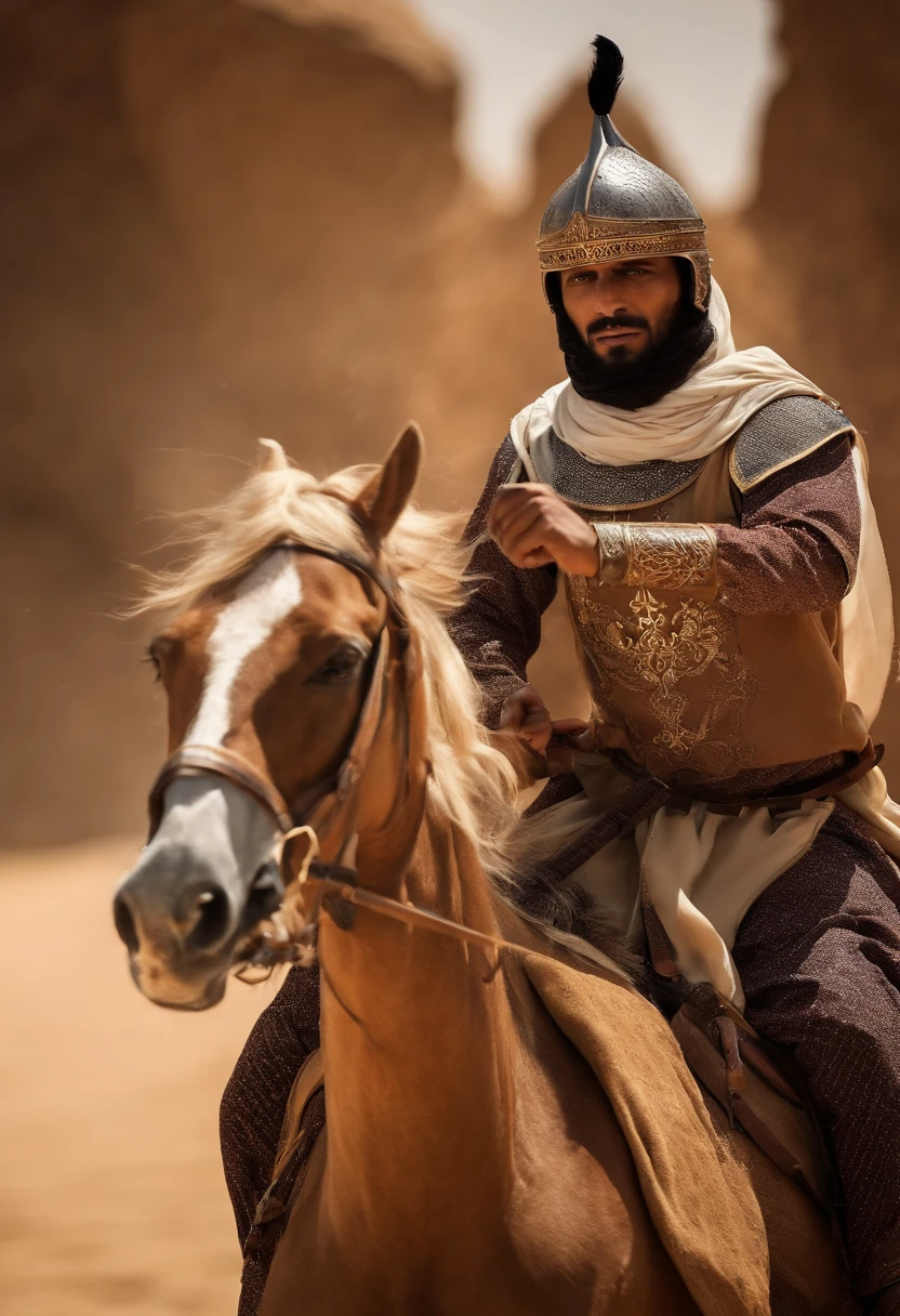 Pictures of Muslim knights on horseback amid a fierce battle and an ancient Islamic costume 1000 years ago in the Arabian Peninsula