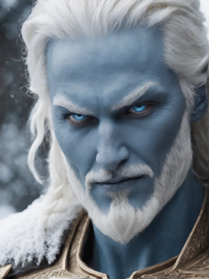 create a character for the superhero story, ice man, bioluminescent blue eyes, blue light coming out of the eyes, white skin, white hair, white beard, Siberia, snow, man, strong and threatening look, handsome, perfect face, scar, malicious smile, menacing smile, closed mouth smile, ice statue, high quality image, ultra realistic photography, 8k, of a hivac