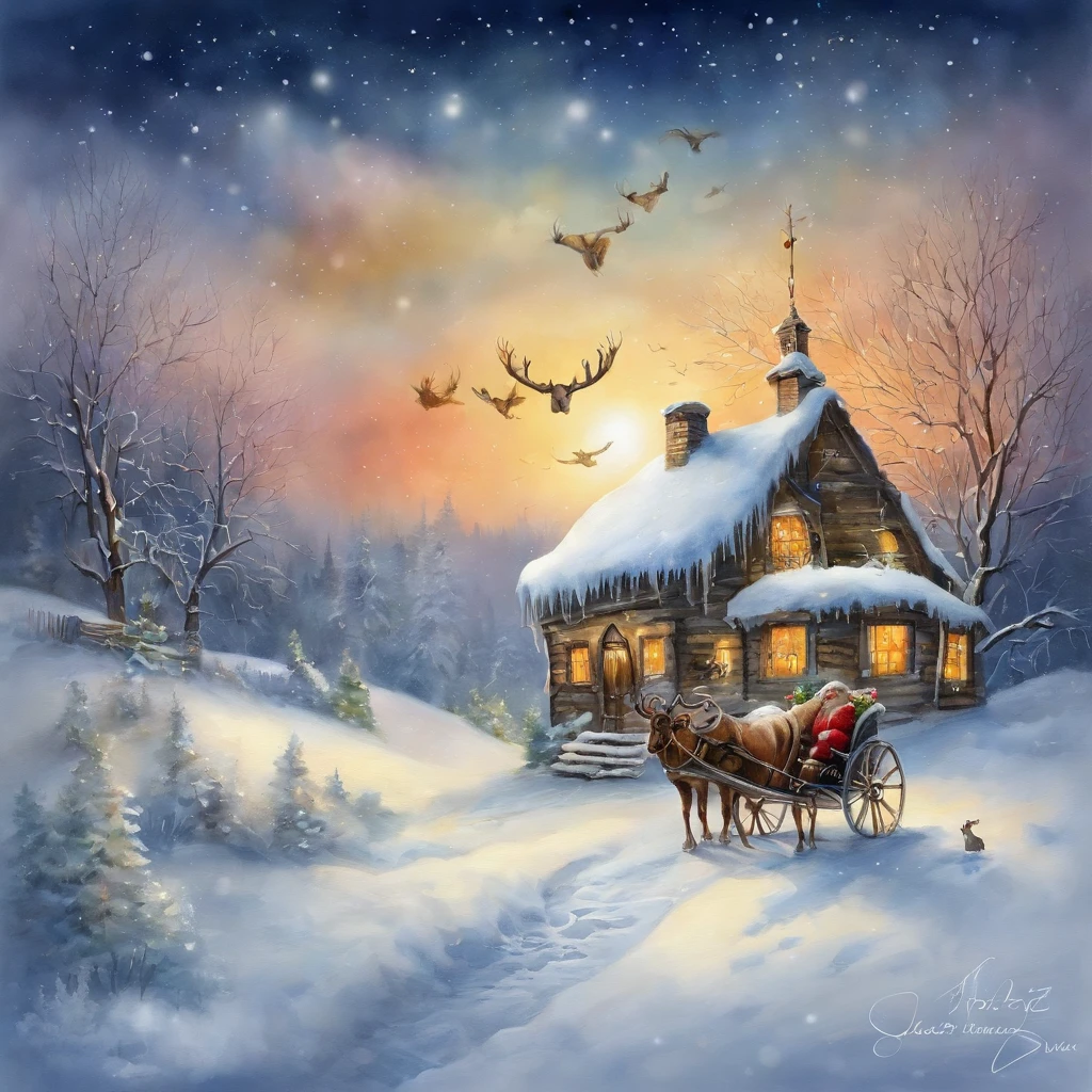 snow landscape,snow covered,Santa Claus sits on a sleigh pulled by a cute elk,Fly through the sky,yukito,Snow-covered house, It was snowing heavily in the sky, hyper realisitc, Snowy winter,Christmas evening, santa, fantasia de cena de inverno,hyper realisitc,very high resolution,Exquisite、best qualtiy、超詳細、Fine、Positioning details、Colorful colorful,Fantasy creation illustrations、adolable