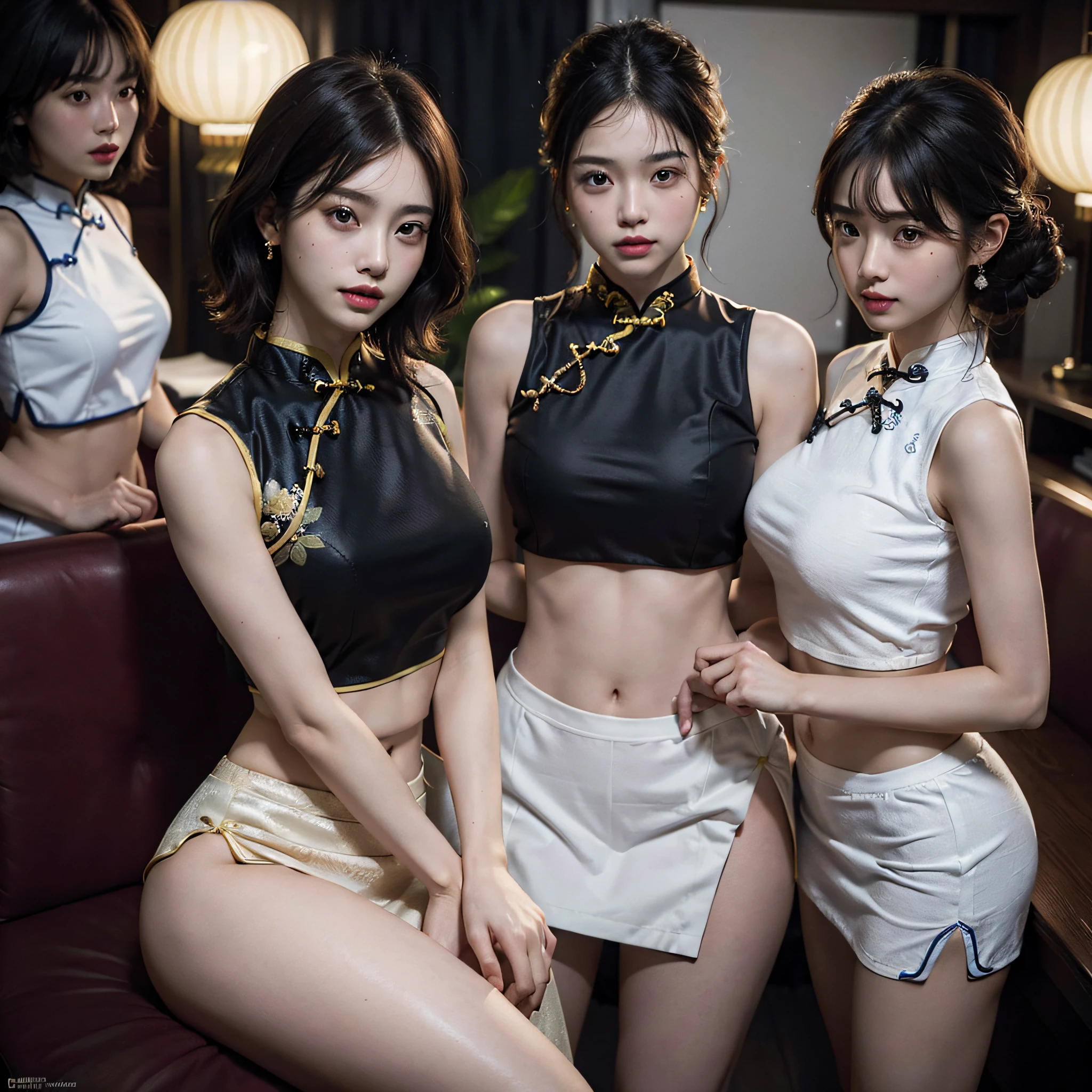 absurdres, RAW photo, extremely delicate and beautiful, masterpiece, Best Quality, ultra high resolution, 16k, hyperrealistic, ultra-detailed, Very detailed CG 8k wallpaper, Beautiful Lighting, Perfect Lightning, Realistic Shadows, perfect anatomy, super Detailed skin, perfect figure, Japanese woman, late 20s, very Slim body, narrow waist, very small head, handsome detailed woman, very detailed eyes and face, realistic face proportions, Stunning detailed eyes, Realistic beautiful face, very small face, Realistic small beautiful eyes, double eyelids, tearful mole, mole on chest, earring, beautiful and very thin legs, beautiful and very thin thighs, (((very huge round breasts))), (full body shot), (short hair), (wavy hair), (((cheongsam))), (((midriff peek))), (((sleeveless))), (((((3 girls))))), (bare arms), (bare legs),