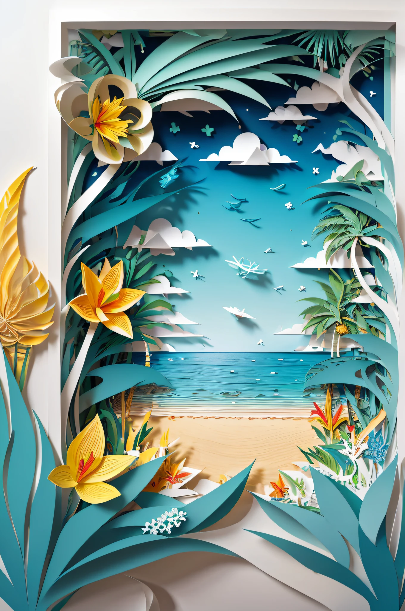 ((((layered papercut)))), (Brazilian beach seen from the sand), (Brazilian flowers), calm sea, beach, sand, seagull in the sky, (Brazilian tropical flowers in the foreground on the right side), umbrella sun, sunshine, clear day, portrait format, coconut trees, palm trees, banana trees, monkeys, crabs, Heliconia Flower, a pair of Brazilian Havaianas flip flops, (real colors), window display, sunny day beach, (((blue sea on the horizon))), paper art style, 12K, high quality, tropical flower.