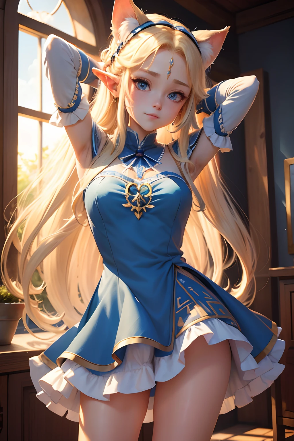 Obra maestra, best quality,Zelda (princess) blond_long_hair, 1girl, , dark_light_skin, blue_eyes, (adult_girl), armpit, short_panties, big_legs, no_bra, blue_shorts_dress, big_hips, ribbon_hair, open_legs, half_smile.