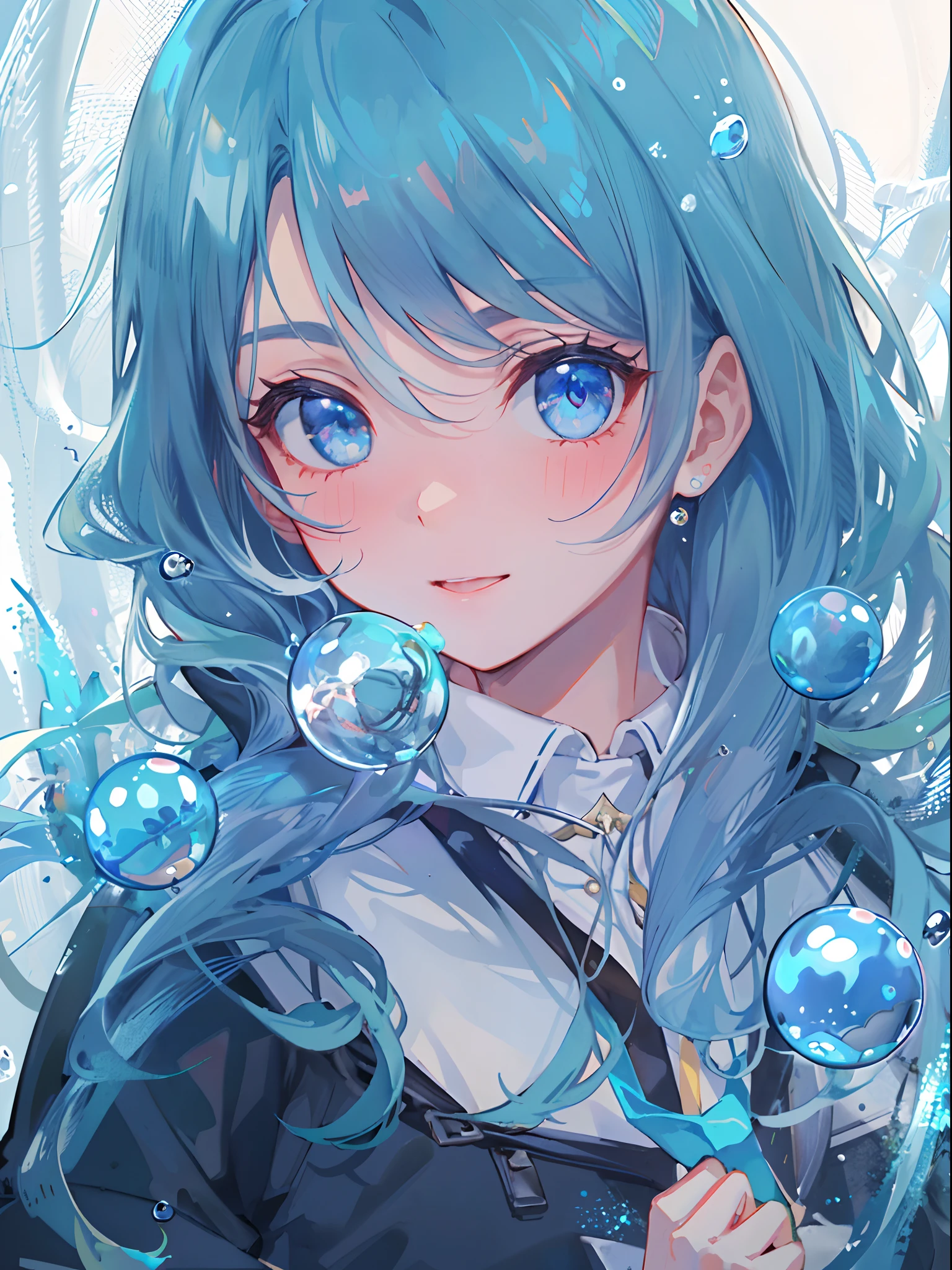 ((top-quality)), ((masterpiece)), ((ultra-detailliert)), (extremely delicate and beautiful), girl with, 独奏, cold attitude,((Black jacket)),She is very(relax)with the(Settled down)Looks,A dark-haired, depth of fields,evil smile,Bubble, under the water, Air bubble,bright light blue eyes,Inner color with light blue hair and dark blue tips,Cold background,Bob Hair - Linear Art, shortpants、knee high socks、White uniform like school uniform、Light blue ribbon ties、Clothes are sheer、Hands in pockets