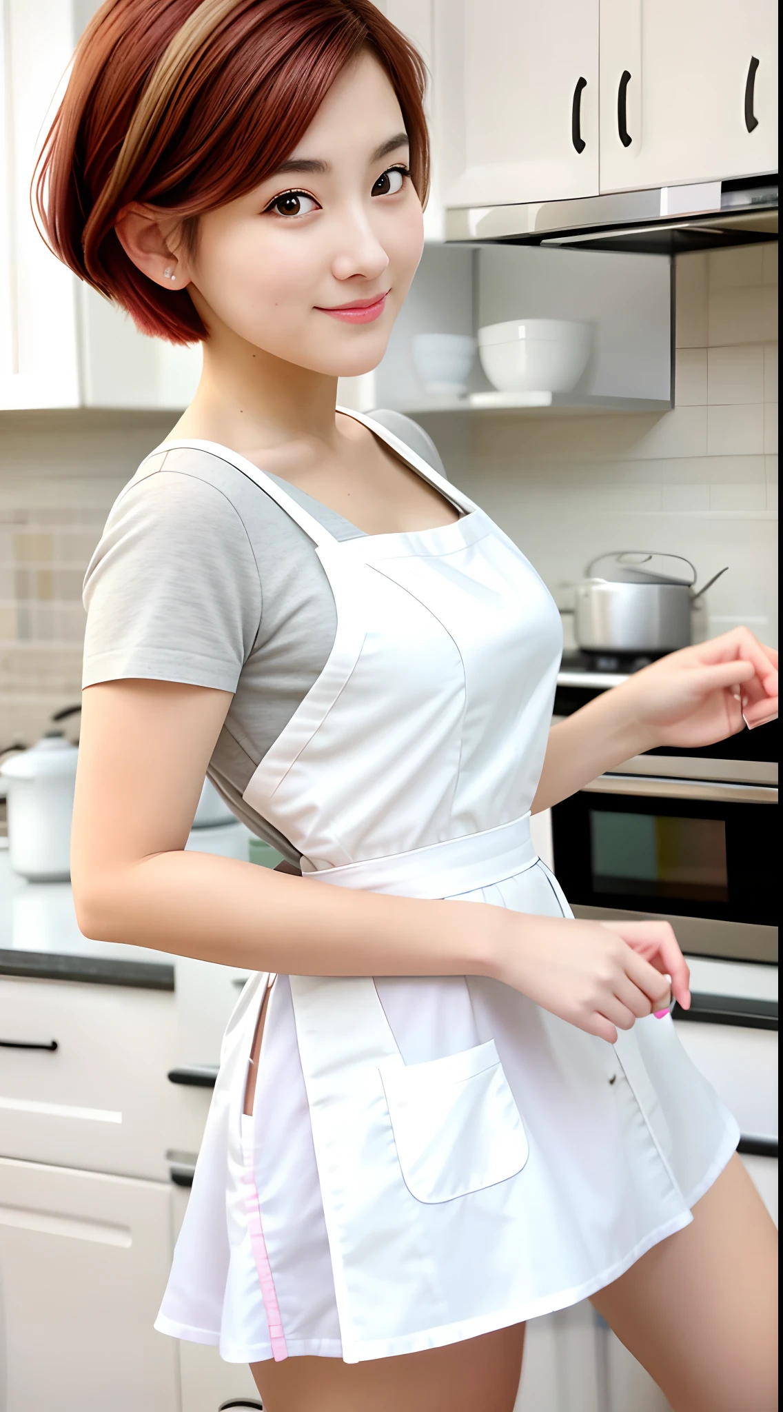 Close-up portrait of a playful maid, undercut hair, Natural, aprons, amazing body, pronounced feminine features, Kitchen, [Ash Blonde | Ginger | Pink hair], freckle, Flirting with camera