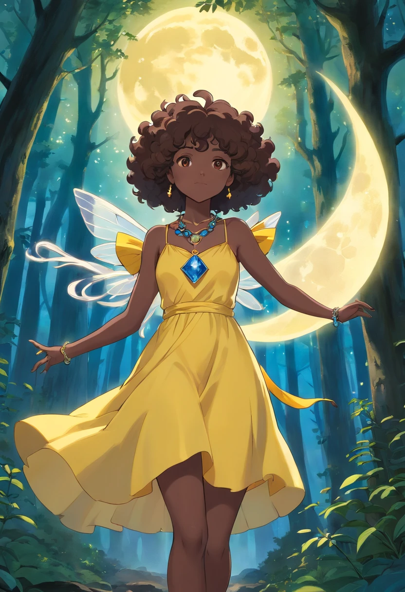 dark-skinned fairy with curly hair in a yellow dress and a moon-shaped necklace with a blue stone in a forest