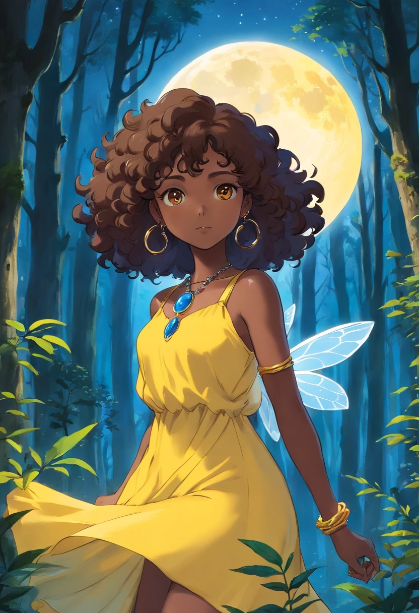 dark-skinned fairy with curly hair in a yellow dress and a moon-shaped necklace with a blue stone in a forest