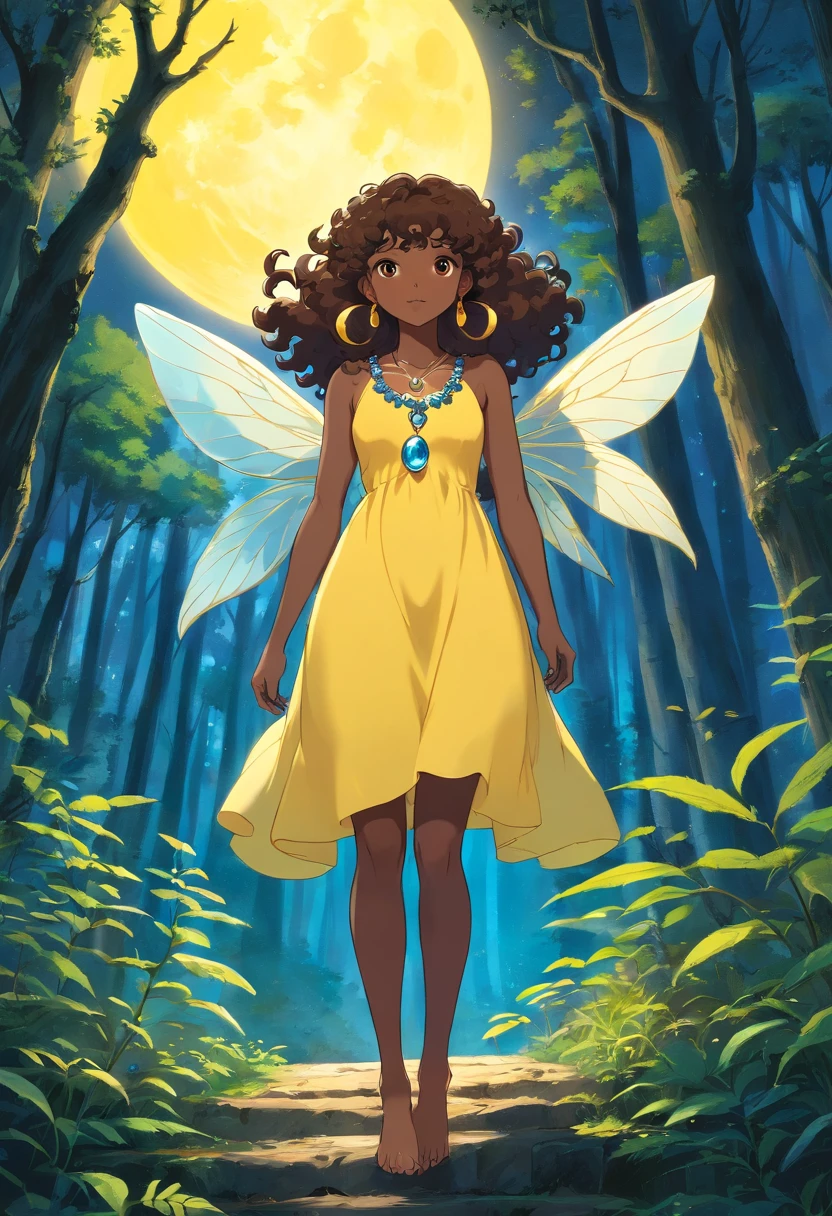 dark-skinned fairy with curly hair in a yellow dress and a moon-shaped necklace with a blue stone in a forest