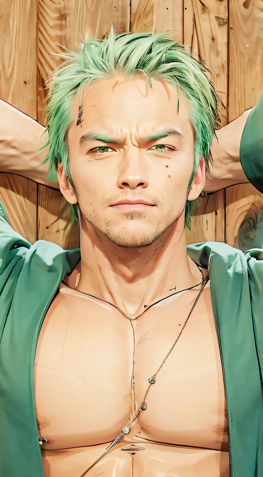 Realistic image, muscular man with green hair, wearing green robe, one-eyed, leaning on a wooden wall.
