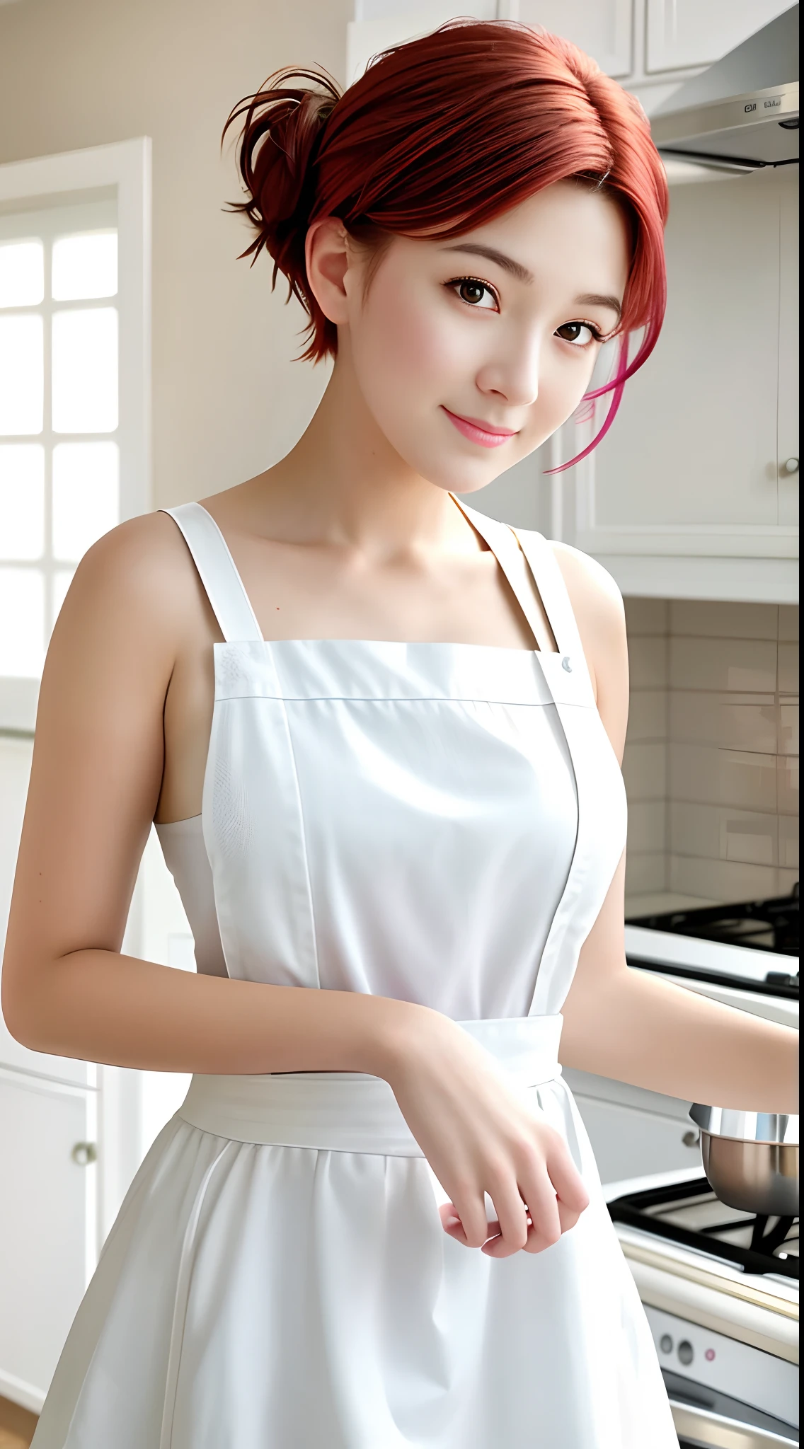 Close-up portrait of a playful maid, undercut hair, Natural, aprons, amazing body, pronounced feminine features, Kitchen, [Ash Blonde | Ginger | Pink hair], freckle, Flirting with camera