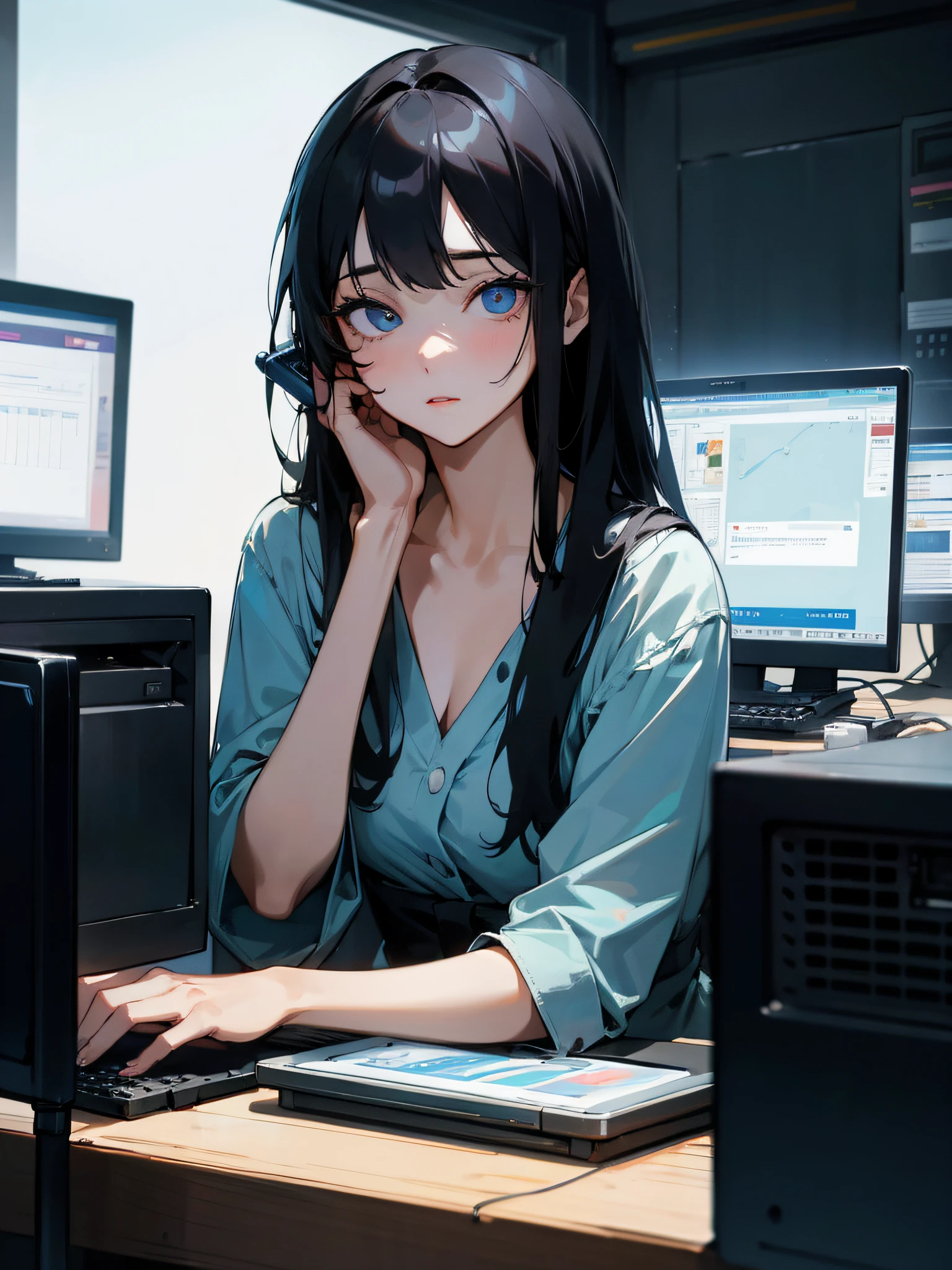 1 girl, fixing computer, odd eyes, black hair, mature & young face, sexy