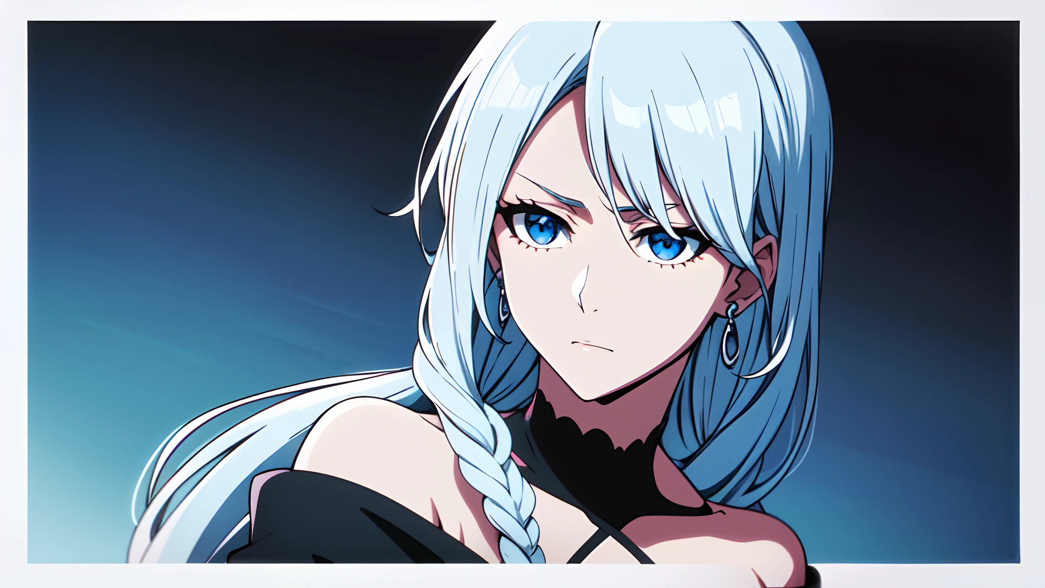 masterpiece, best quality, 1girl, solo, very long hair, white hair braiding, light blue eyes, calm, earrings, close up, off shoulder black dress shinigami, soul society, Bleach