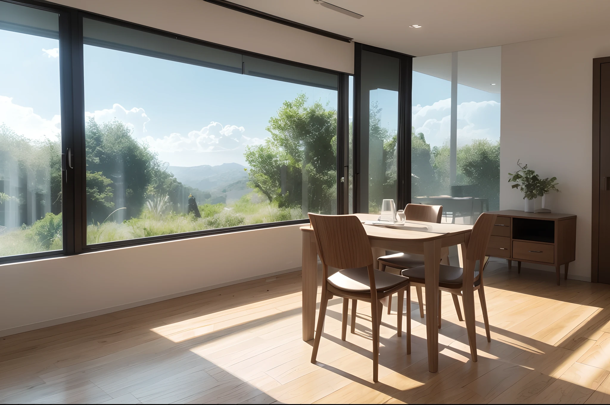 In front of the window there is a table with backrest computer chairs, embellished with greenery, realistic afternoon lighting, realistic soft lighting, volumetric natural light, rendered in V-Ray, daylight made with a blender, rendered in POV-ray, anime. Soft lighting, rendered in 3 DSMAX, detailed natural lighting, atmospheric rendering, soft natural volume lighting, realistic rooms, painted line drawings