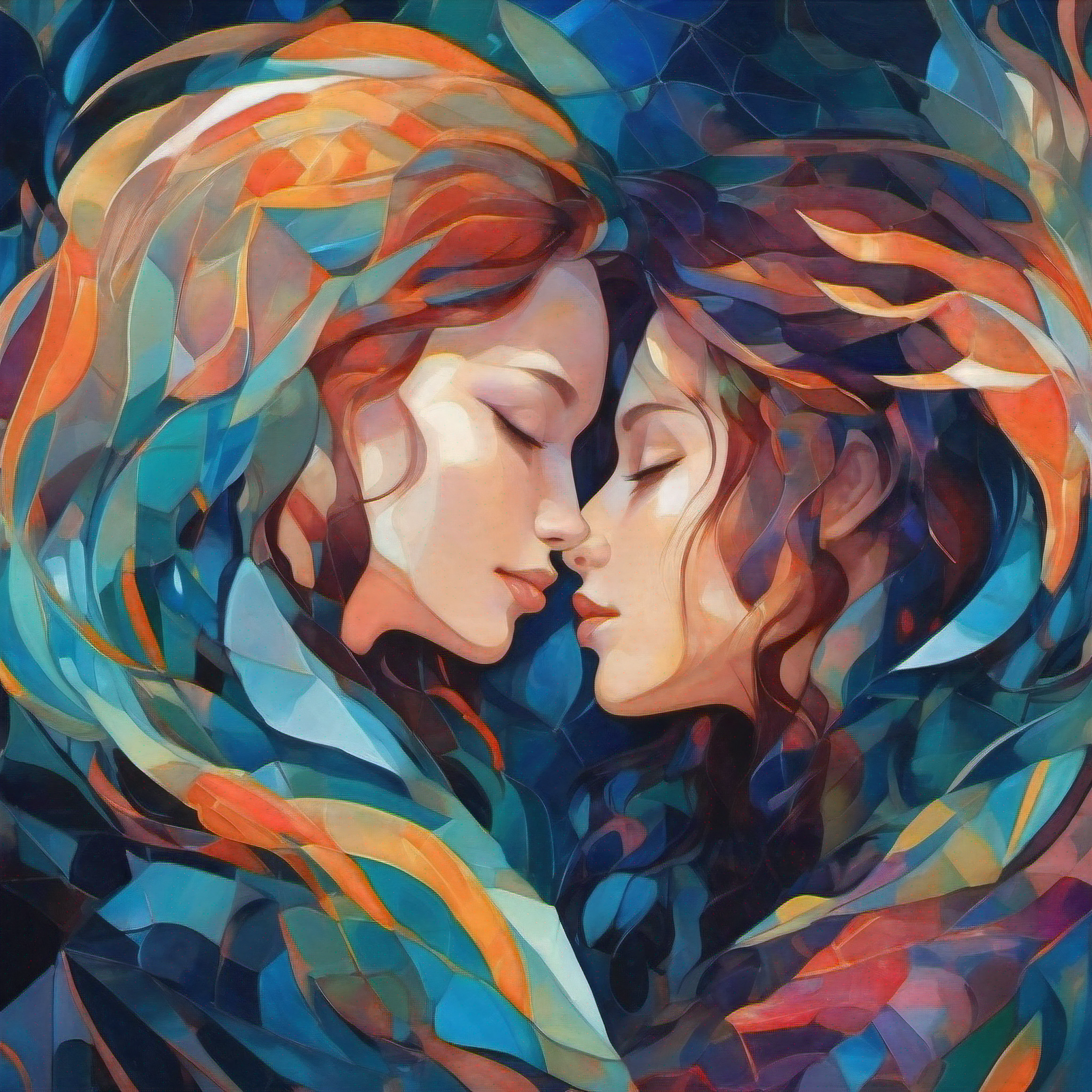 Scorpio Zodiac Signs in Love, Cubism Interpretation, Deep Sea Setting, Bioluminescent Lighting, Anime Aesthetic, Digital Art, Close-up Portrait, Emotional Expression, Abstract Cubist Forms, Aquatic Color Palette, Vivid and Expressive, Unique Artistic Vision, High-Resolution.