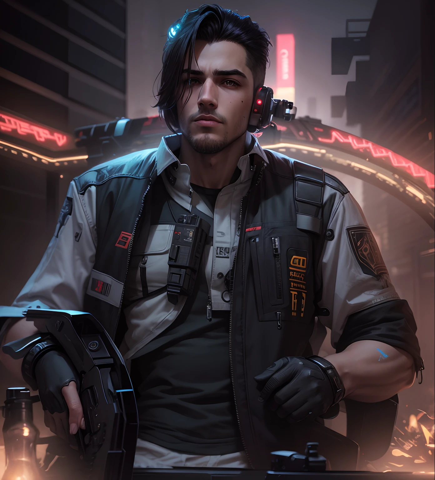 Change background cyberpunk handsome boy realistic gun in hand