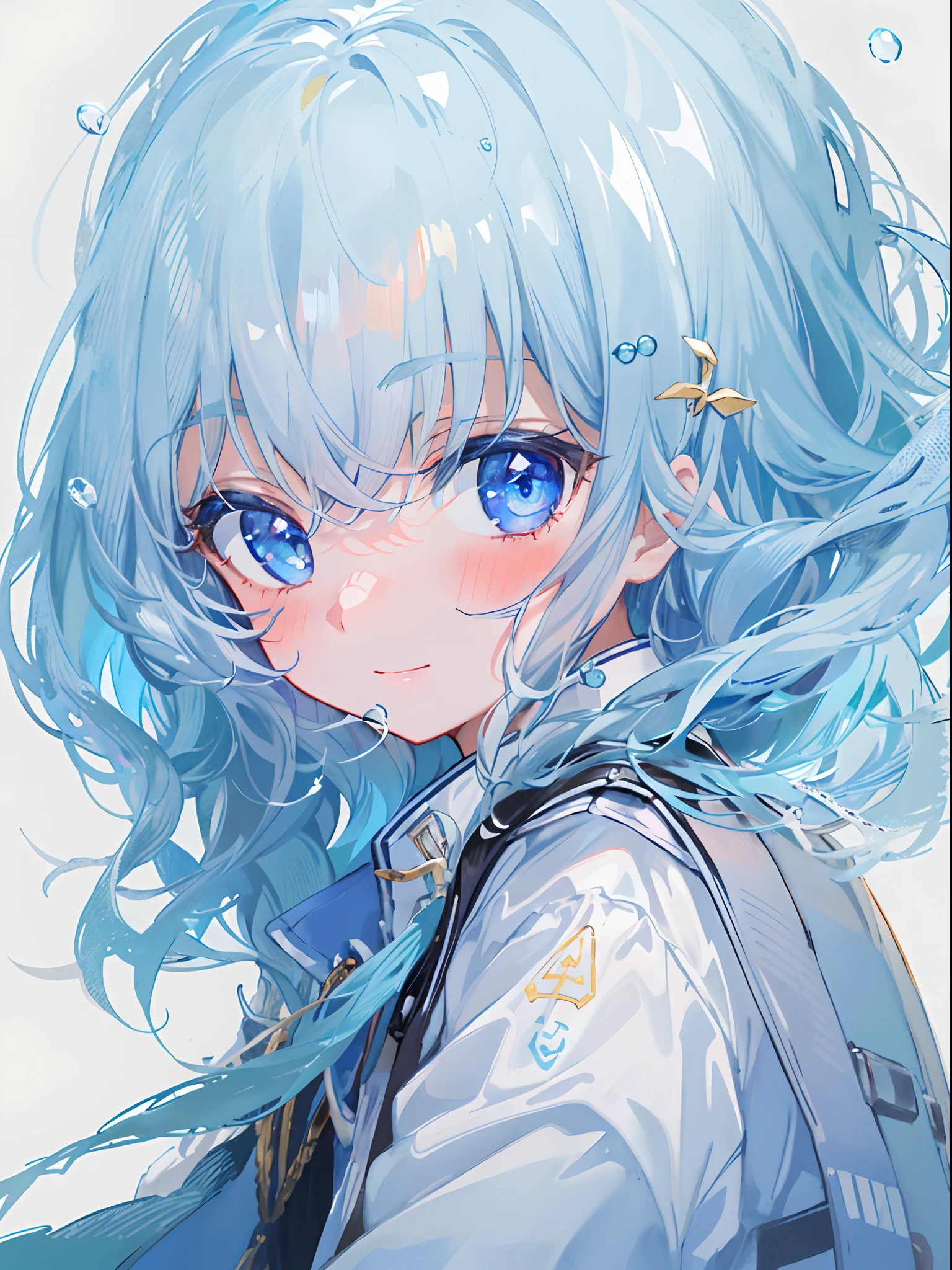 ((top-quality)), ((​masterpiece)), ((ultra-detailliert)), (extremely delicate and beautiful), girl with, 独奏, cold attitude,((Black jacket)),She is very(relax)with  the(Settled down)Looks,A dark-haired, depth of fields,evil smile,Bubble, under the water, Air bubble,bright light blue eyes,Inner color with light blue hair and light blue tips,Cold background,Bob Hair - Linear Art, shortpants、knee high socks、White uniform like school uniform、Light blue ribbon ties、Clothes are sheer、Hands in pockets、Bright eyes like sapphires,flourescent blue, There was a little blue light floating around、Upper eyes、