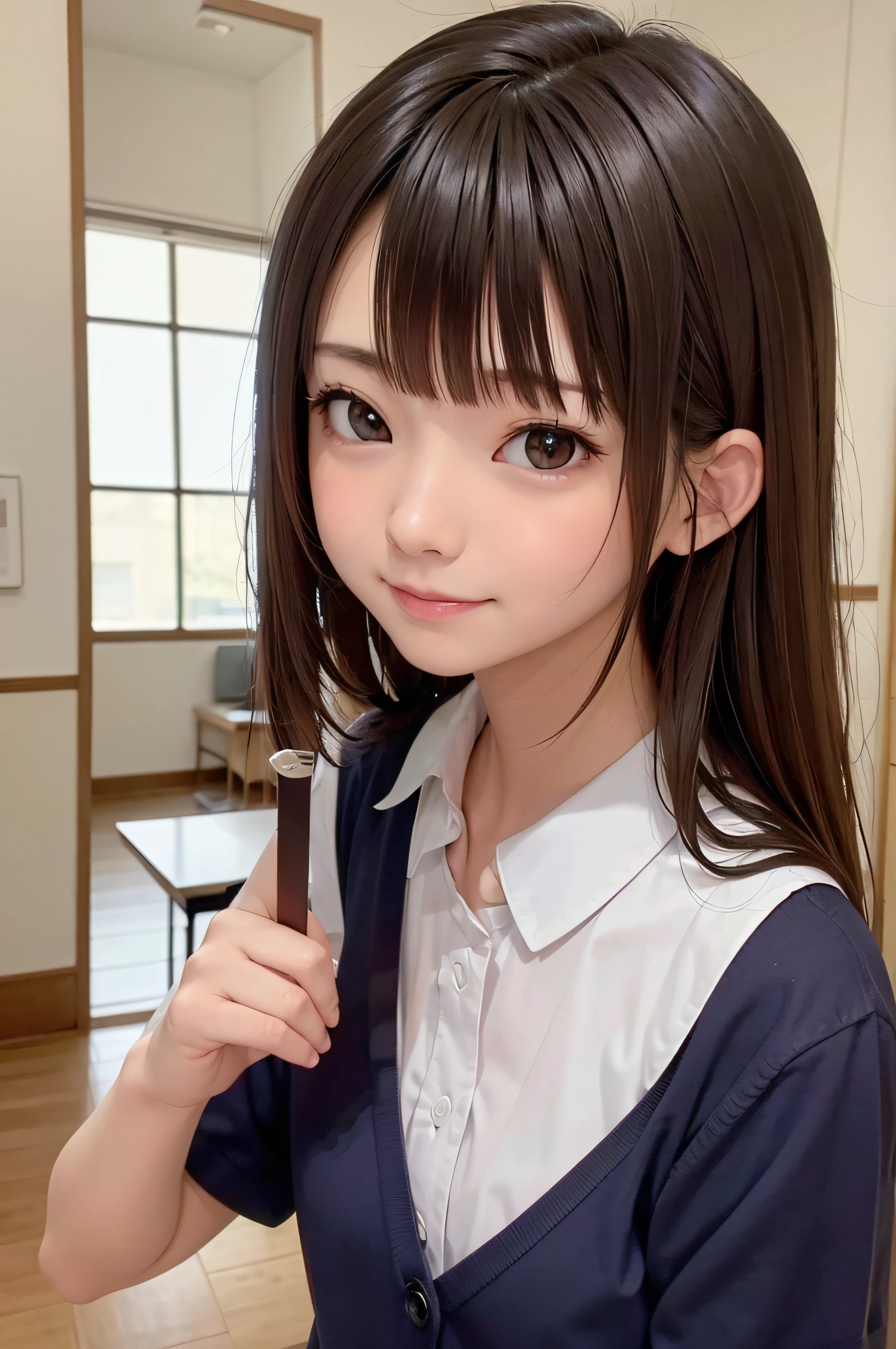 Completely immaculate background、White back、、soio、brown haired、beautidful eyes、real looking skin、hi-school girl、small tits、tiny chest、(8K、​masterpiece)、(reallistic、Photorealsitic)、top-quality、ighly detailed、The ultra-detailliert、Beautie、cute little、japanes、a smile、Close-up portrait、Healthy face、School uniform、Cardigan、plaid skirts