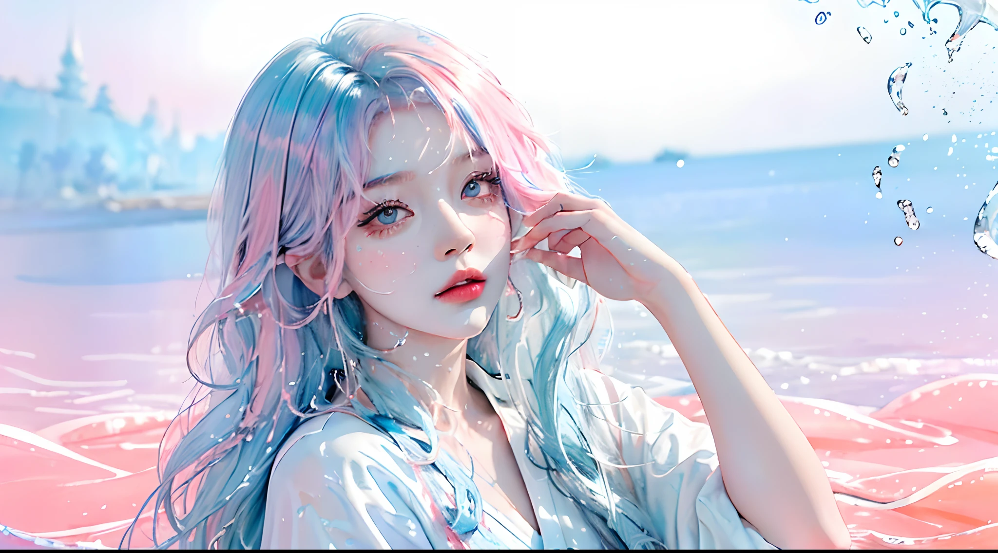 (Masterpiece, Best Quality, High Resolution), White Background, Acrylic Paint, ((Color Splash, Splash of Ink, Color Splash)), Sweet Chinese Girl, Long Light Blue Hair, [Light Blue|Pink] Hair, Curly Hair, Glitter, Peach Lips, White Shirt, Front, Upper Body