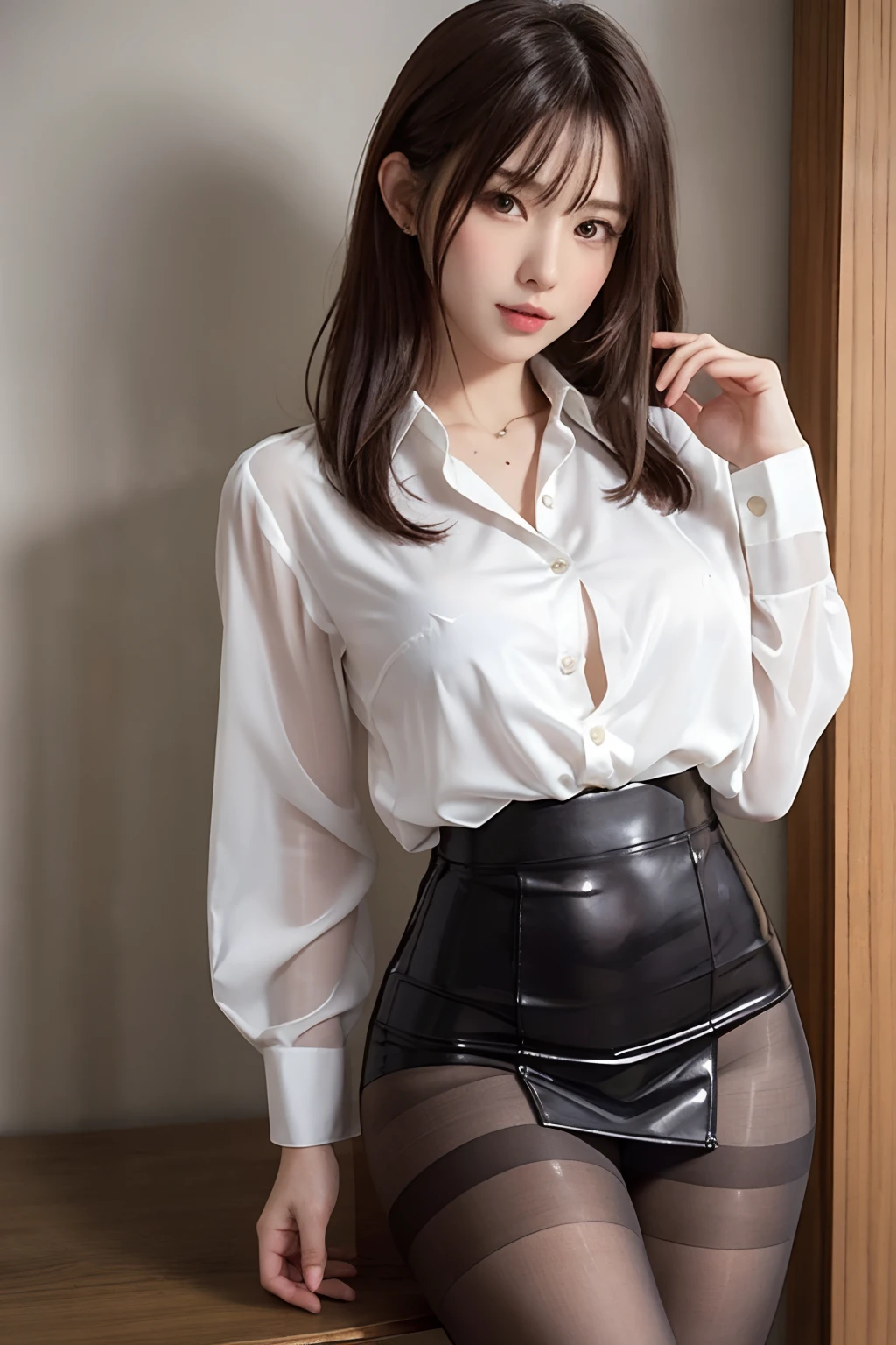 Elite teacher in ultra-thin fabric see-through silk blouse for photo, Wearing a strict see-through silk blouse, Skirt and thighs、(Wearing pantyhose、Ultra-realistic pantyhose), game_nffsw, NSFW,in a strict suit, sophisticated gravure idol, goddess of Japan, Japanese Models, in a strict suit, sakimichan, Young Pretty Gravure Idol, Young Sensual Gravure Idol, Fine Gross Silk Blouse, Wearing a blouse, Realistic Young Gravure Idol, oppai、realistic skin textures、Lustrous skin、Exposed thighs!!!