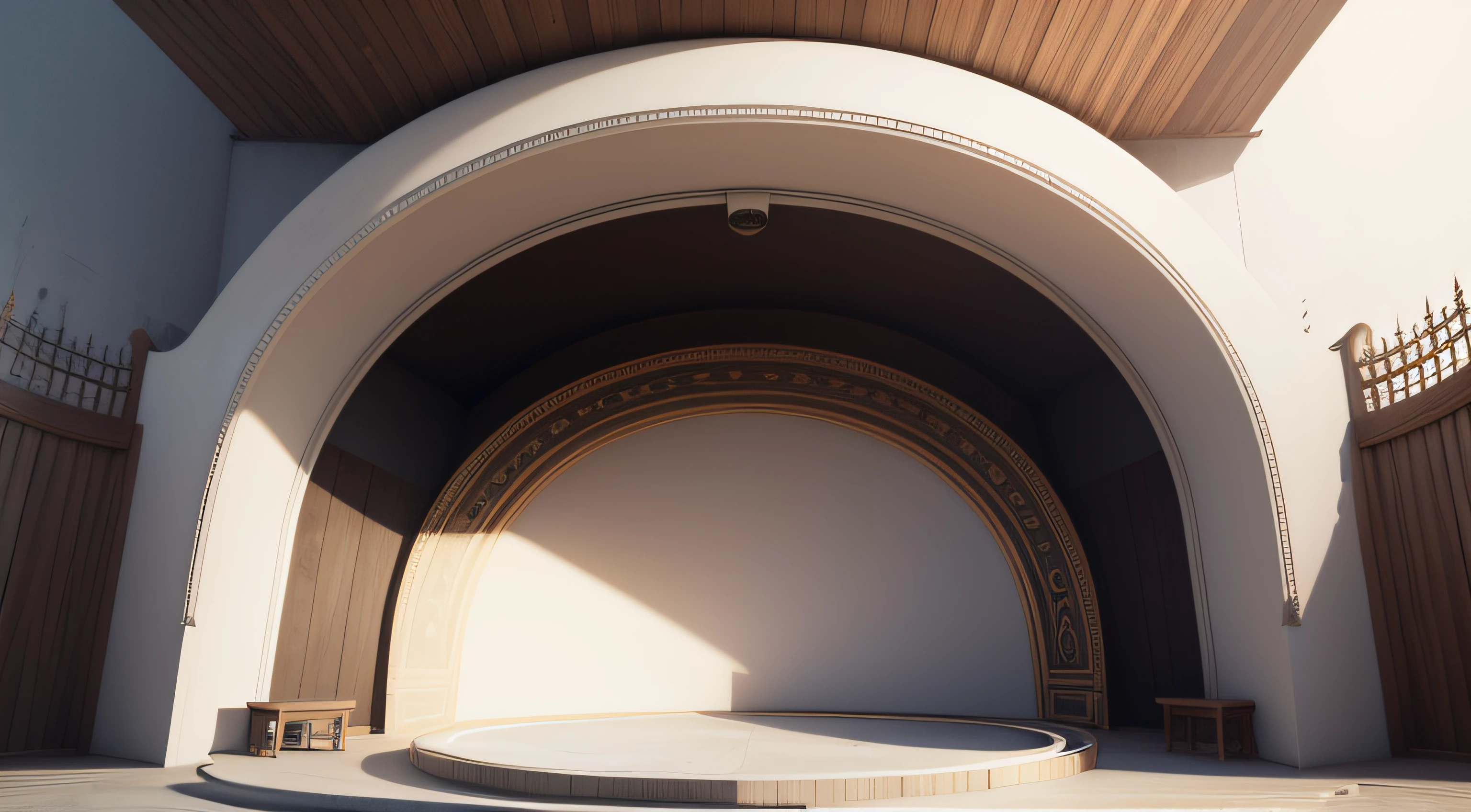 A beautiful circular stage, panoramic view, top-down view, surrounded by high and low walls in front and back creating layers, white tones, very detailed things,