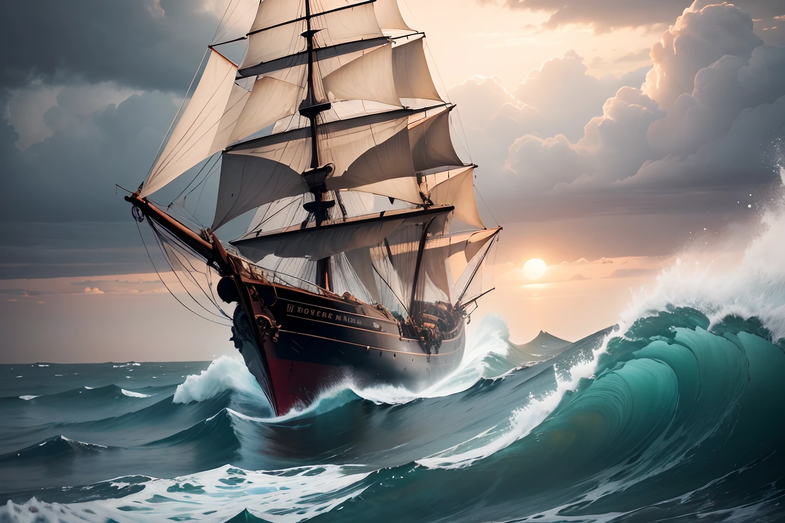 Side view, a detailed image of a 16th century Portuguese ship in the high seas crossing waves of a rough sea, its white sails have a red Templar cross stamped on them, the sky is stormy, in the background and distant other blurred ships, 4k, HDR.