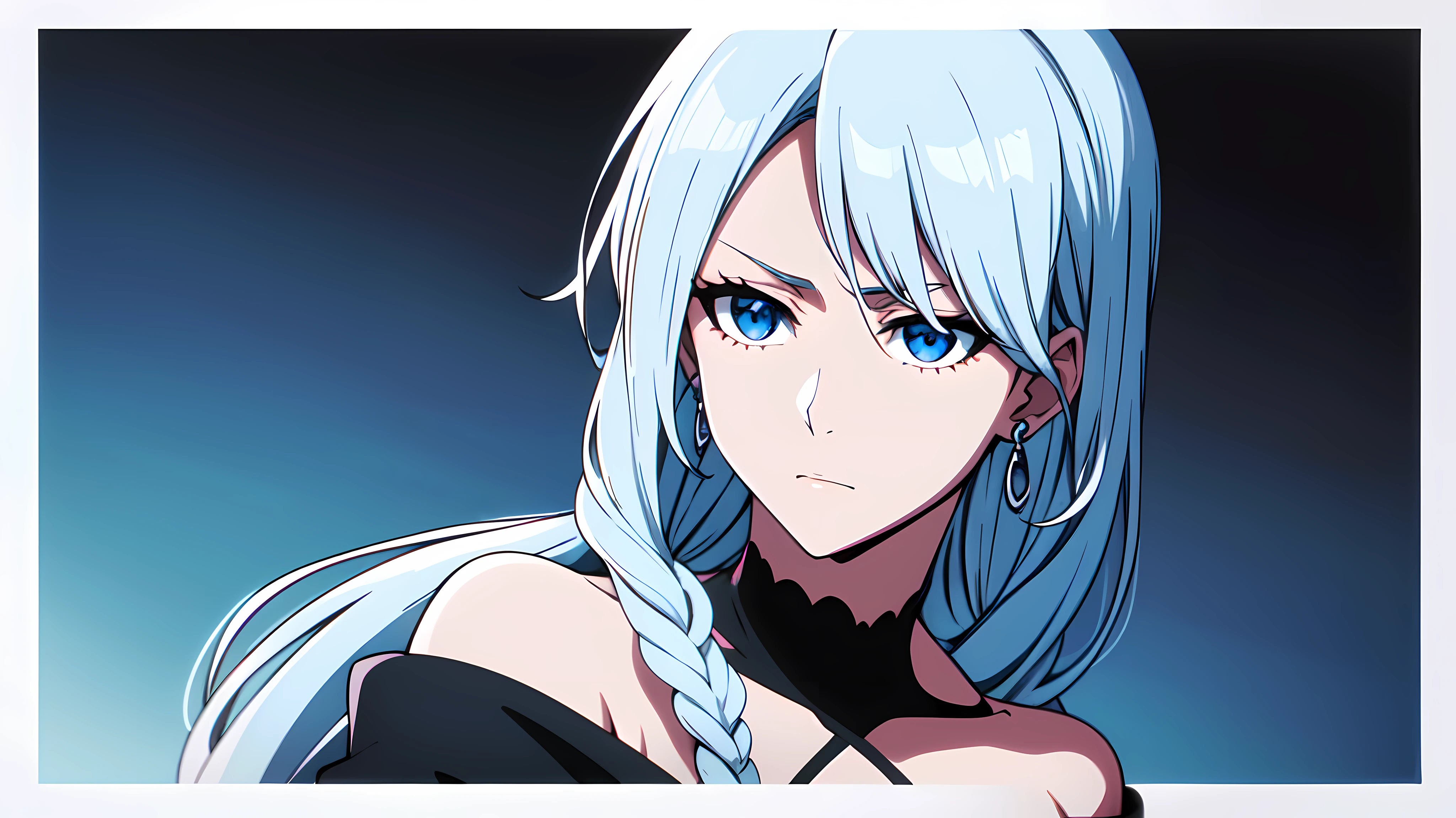 masterpiece, best quality, 1girl, solo, very long hair, white hair braiding, light blue eyes, calm, earrings, close up, off shoulder black dress shinigami, soul society, Bleach