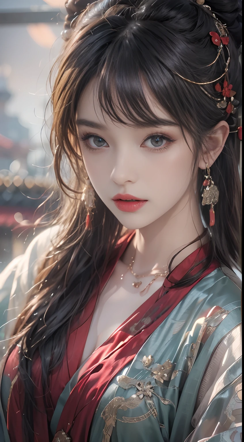 Photorealistic, high resolution, 1 woman, Hips up, Beautiful eyes, Long hair, ringed eyes, jewelry, tattoo, Hanfu, Chinese fairy, Taoist uniform