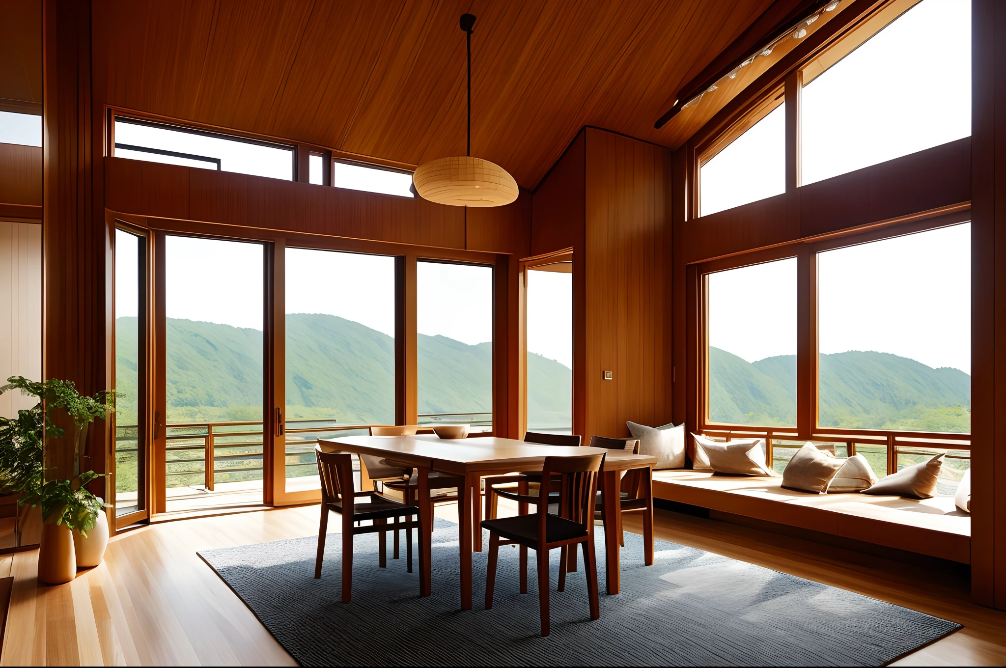 interior design、Insanely detailed wide-angle architectural photo、Cozy contemporary living room、(Bright and warm sunlight 1:0.1)、Award-winning contemporary interior design、landscapes、The table、a chair、in a house、Wooden flooring、window、resturant、east asian east asian architecture、sliding paper doors、abajour、architectural、the woods、naturey、cups、a plant、interior design、Insert lighting and shadows、depth of fields、low illuminance
