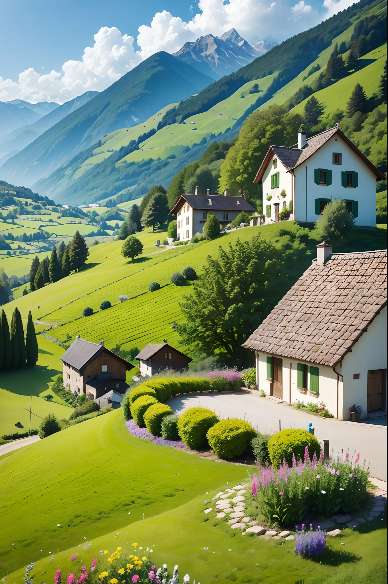 Peaceful and idyllic countryside, Rolling green hills dotted with grazing sheep, Charming villa,Set amidst vibrant flowers, Clear blue sky overhead, Evokes a sense of peace and simplicity, Valle encantador, switzerland, patches of green fields, lush countryside, Valle exuberante,An idyllic village in Milan,,verdant green fields,above a village,Rolling terraces,Colorful garden of flowers and plants,Alpine scenery in the Swiss countryside under the Alps,Carl Sessel Bern,Majestic nature, Swiss architecture, lindo cenario, rios,waterfallr